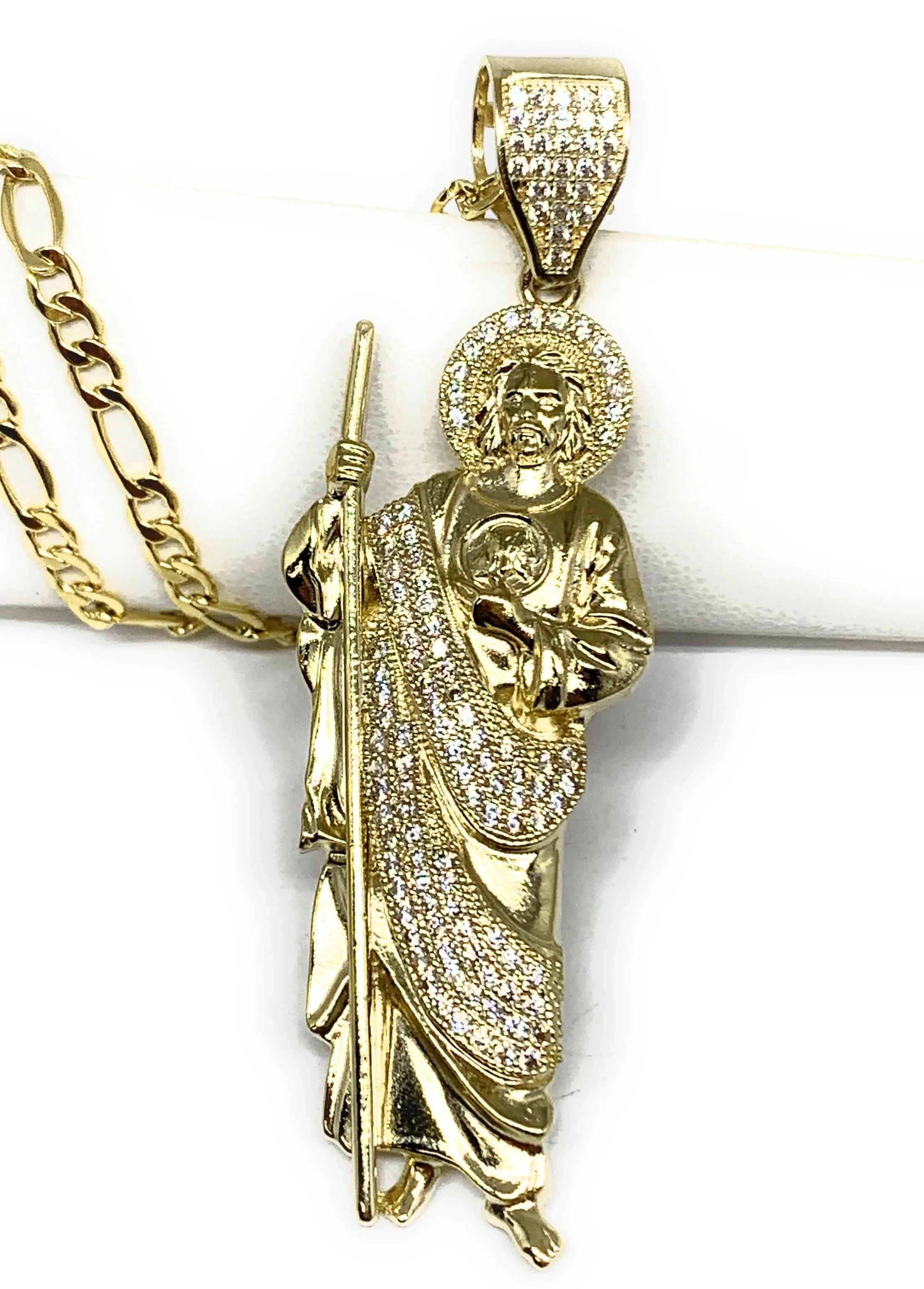 10k Solid Gold Yellow White CZ Saan Judas Saaint Jude Pendant with  Figaro 3.5mm Chain Optional (LG,MED,SM)