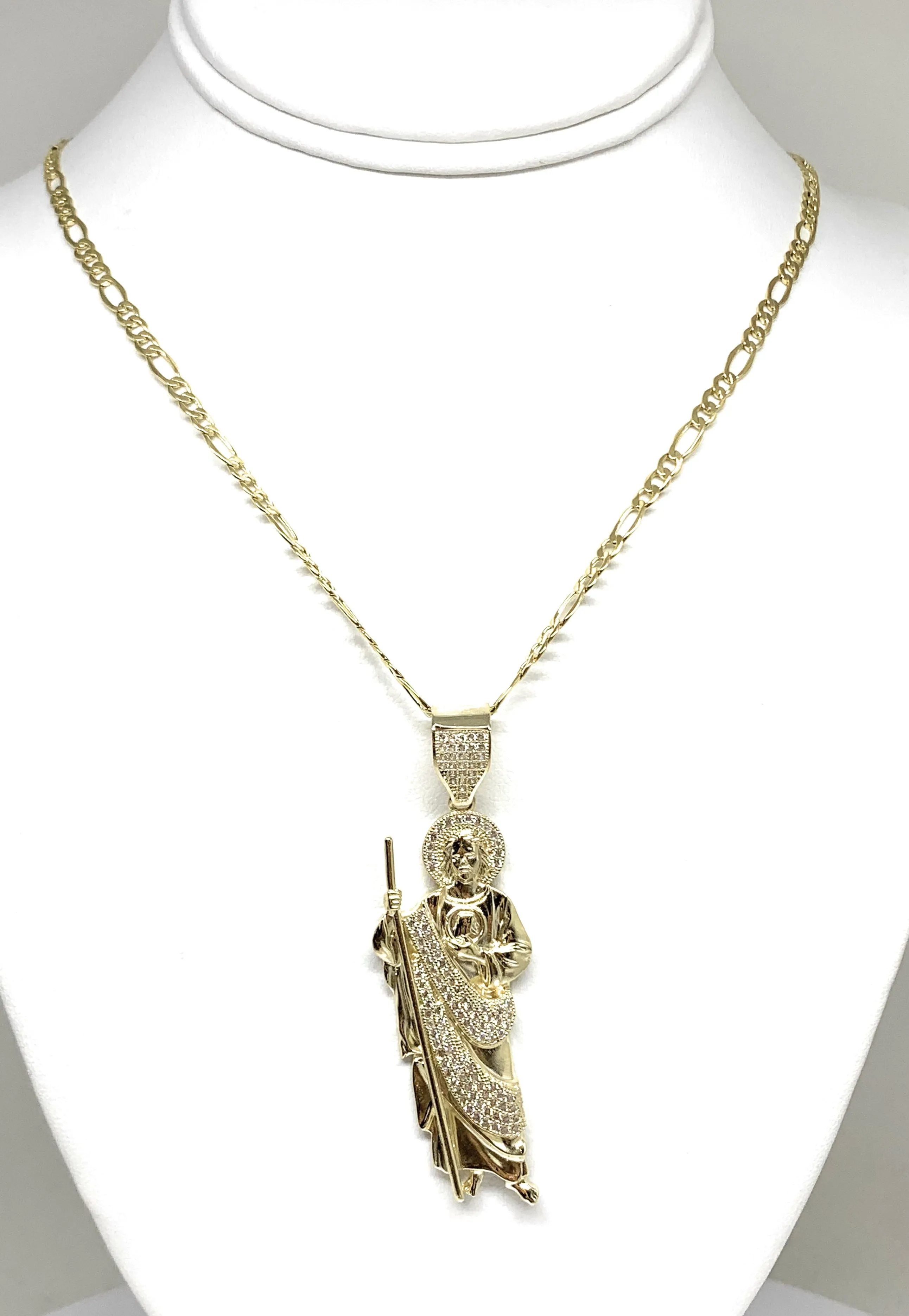 10k Solid Gold Yellow White CZ Saan Judas Saaint Jude Pendant with  Figaro 3.5mm Chain Optional (LG,MED,SM)