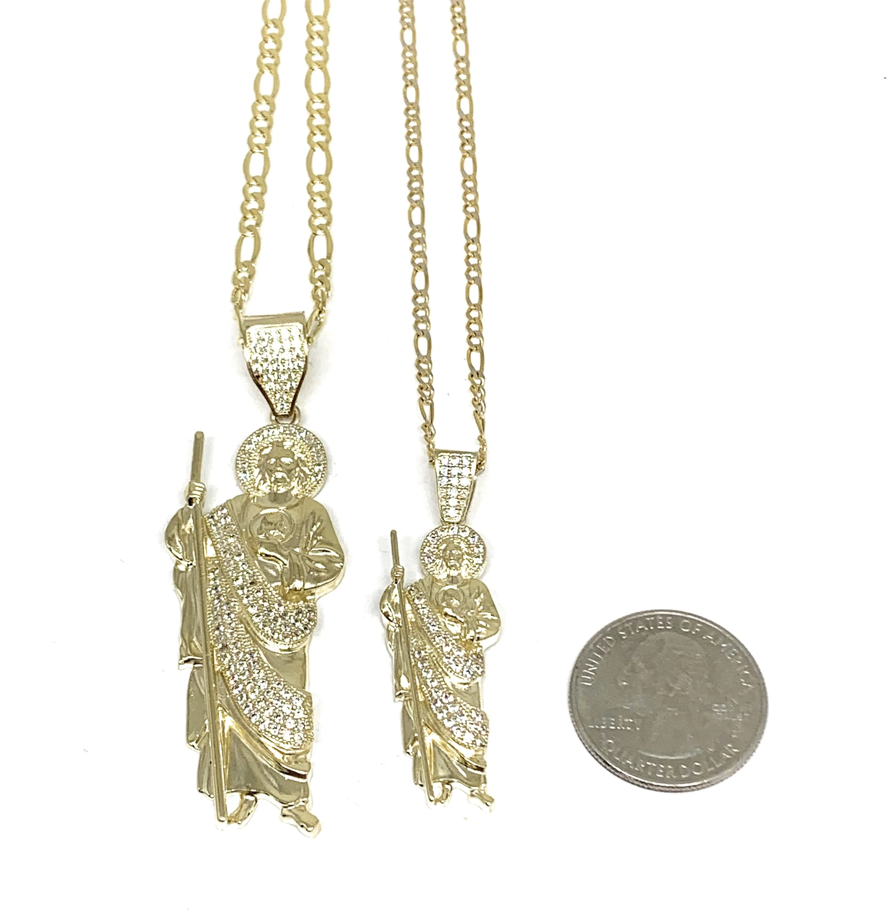 10k Solid Gold Yellow White CZ Saan Judas Saaint Jude Pendant with  Figaro 3.5mm Chain Optional (LG,MED,SM)