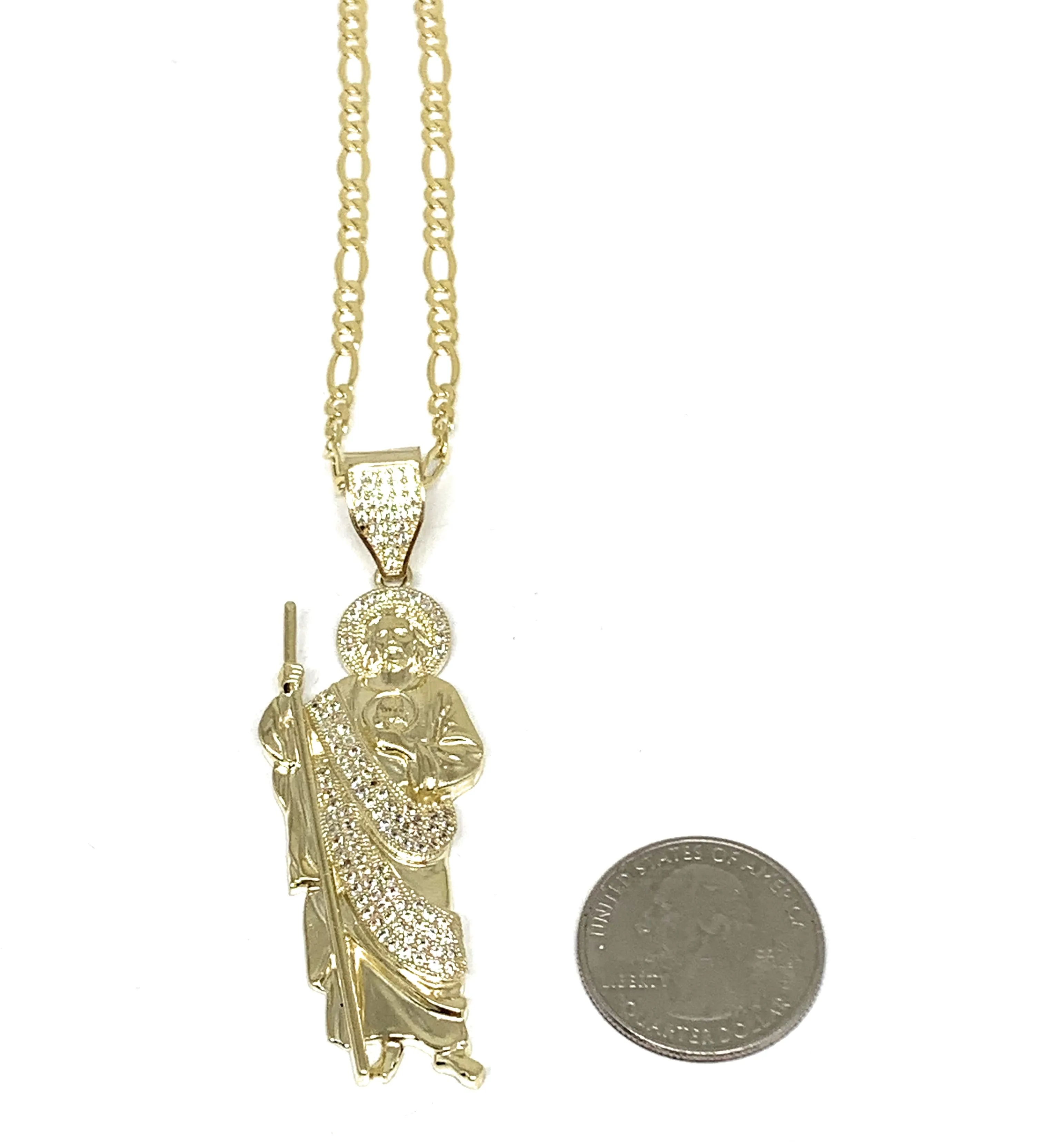 10k Solid Gold Yellow White CZ Saan Judas Saaint Jude Pendant with  Figaro 3.5mm Chain Optional (LG,MED,SM)