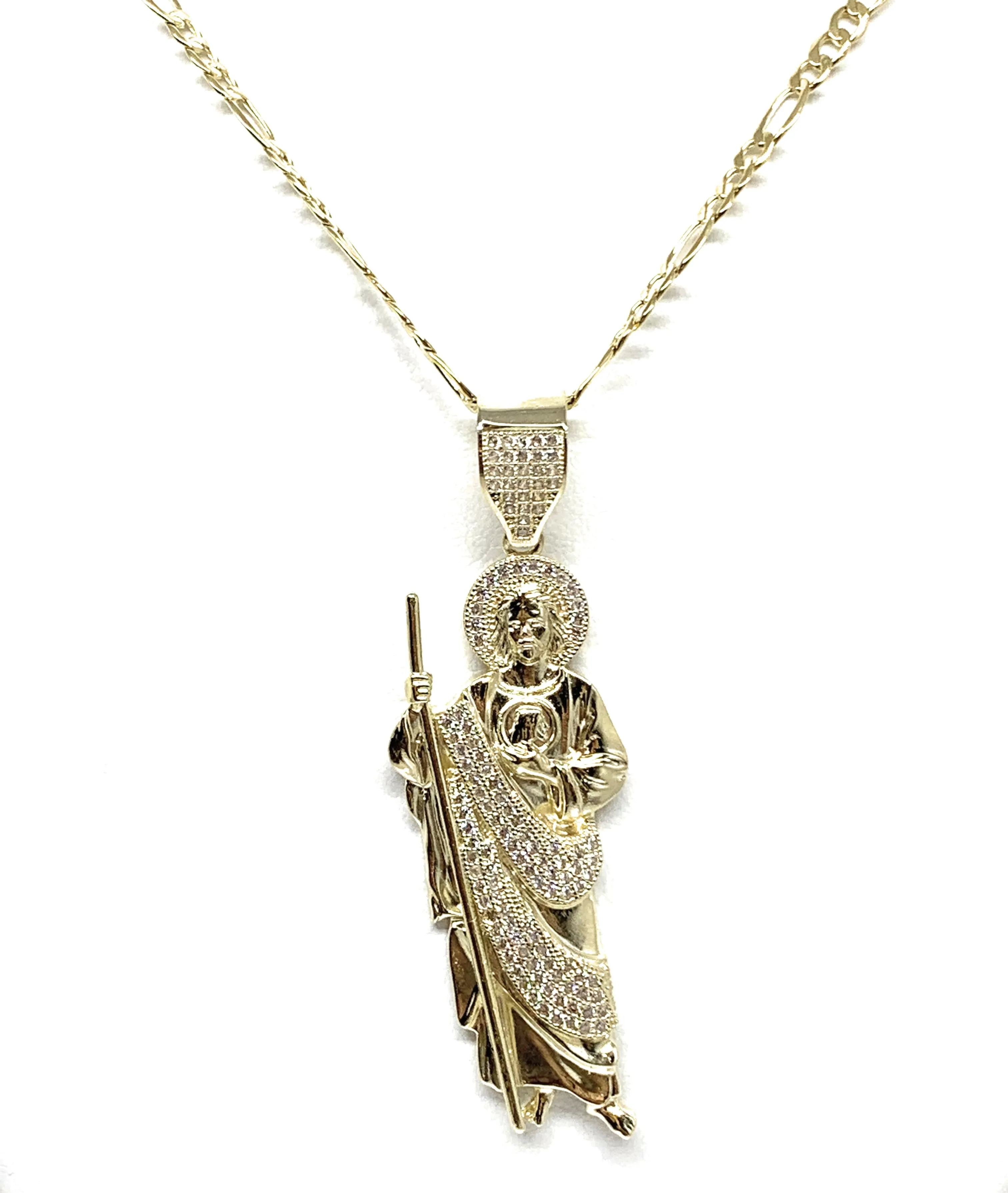 10k Solid Gold Yellow White CZ Saan Judas Saaint Jude Pendant with  Figaro 3.5mm Chain Optional (LG,MED,SM)