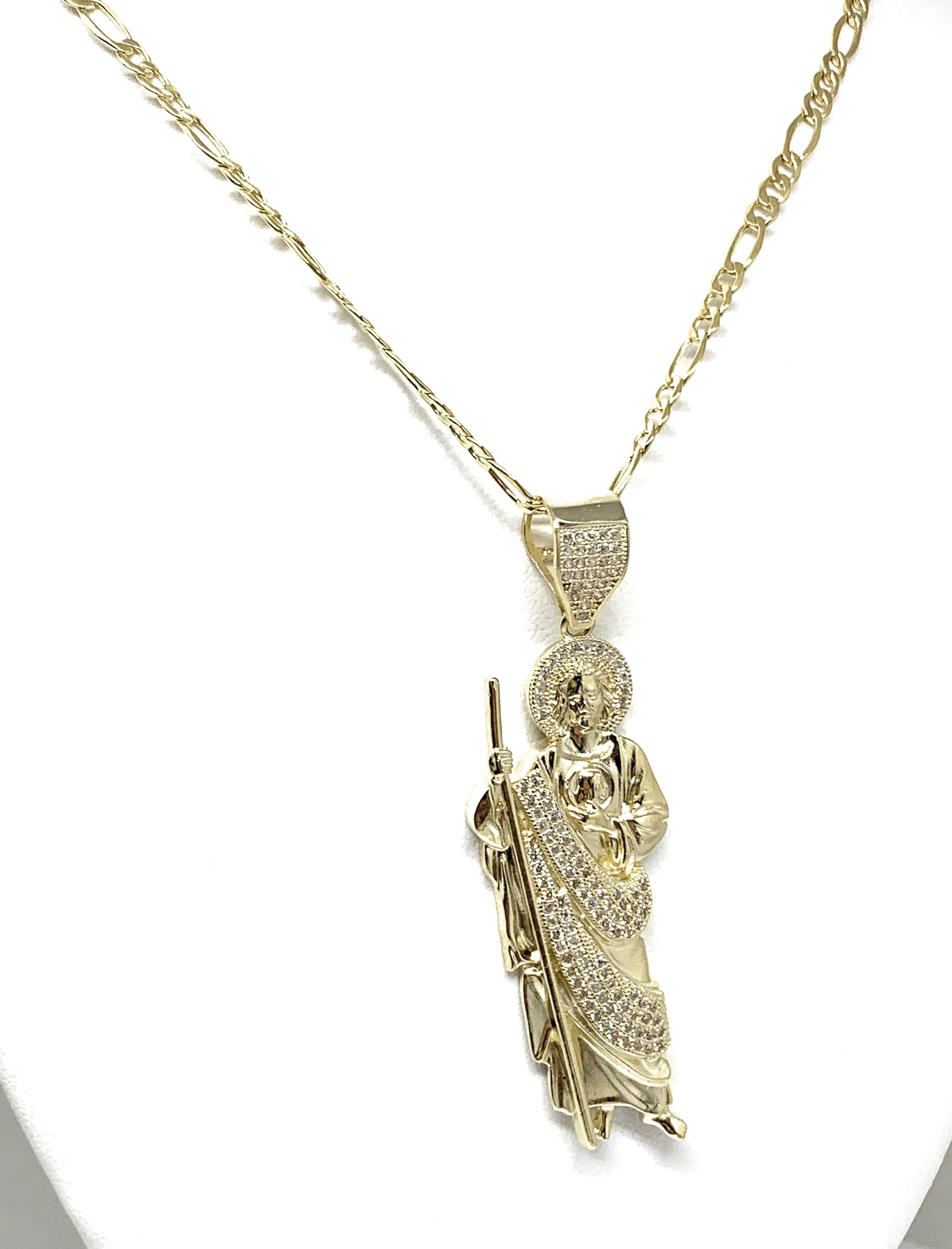 10k Solid Gold Yellow White CZ Saan Judas Saaint Jude Pendant with  Figaro 3.5mm Chain Optional (LG,MED,SM)