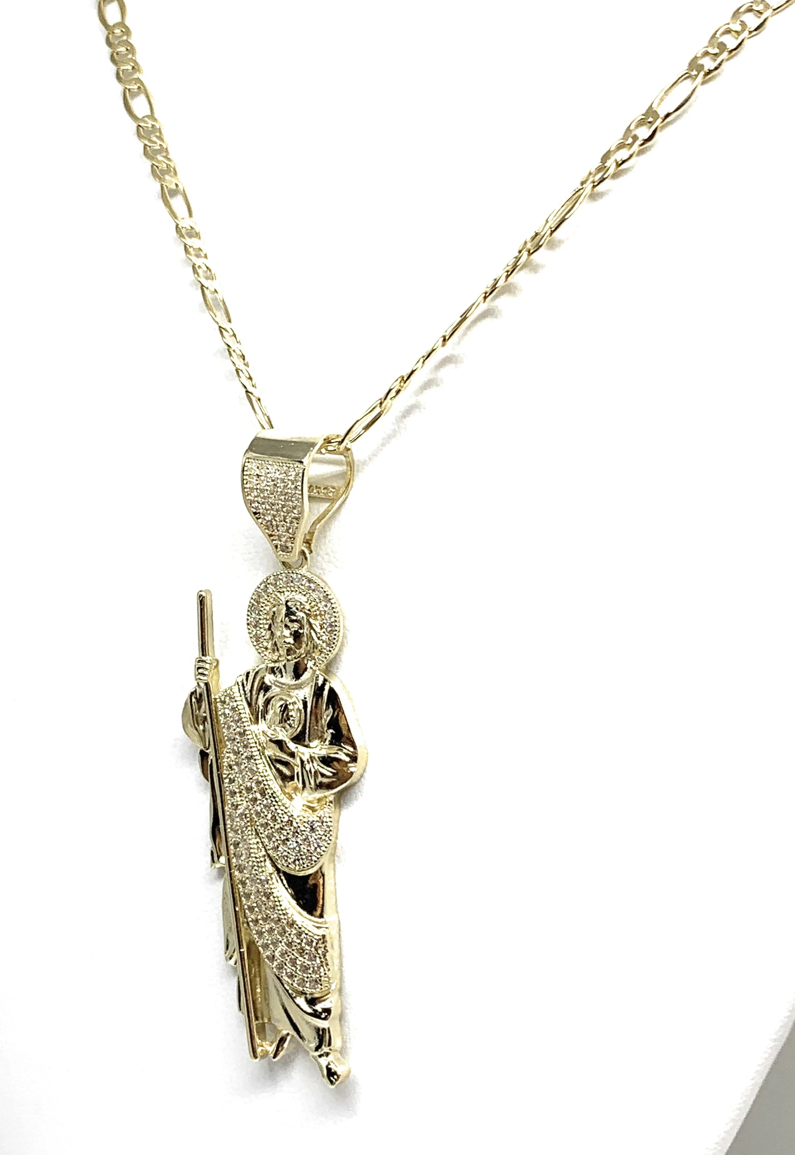 10k Solid Gold Yellow White CZ Saan Judas Saaint Jude Pendant with  Figaro 3.5mm Chain Optional (LG,MED,SM)