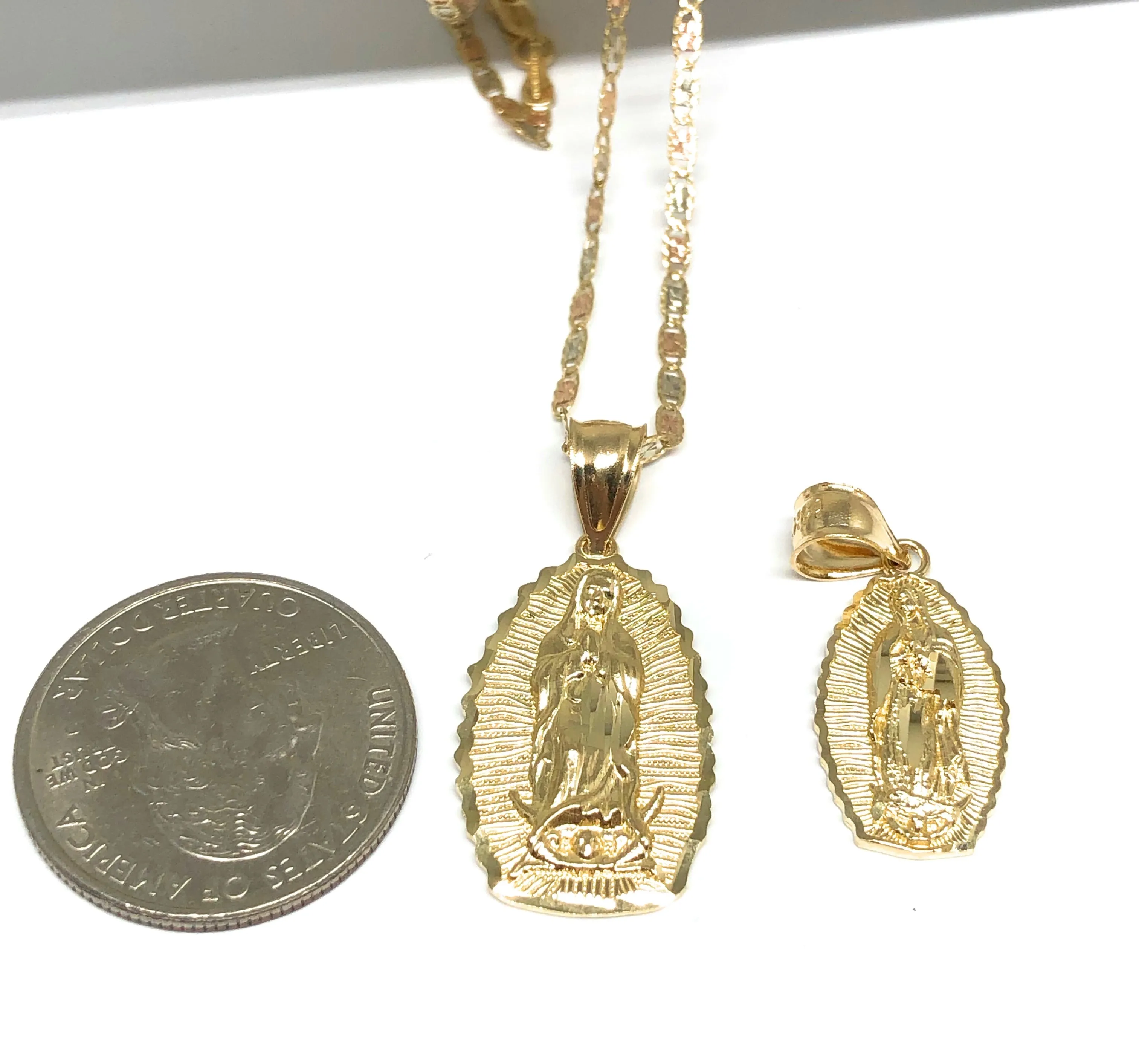 14k Solid Gold Classic Virrgin Mary Pendant Necklace Virrgen Gaudalupe Chain (MED, SM)