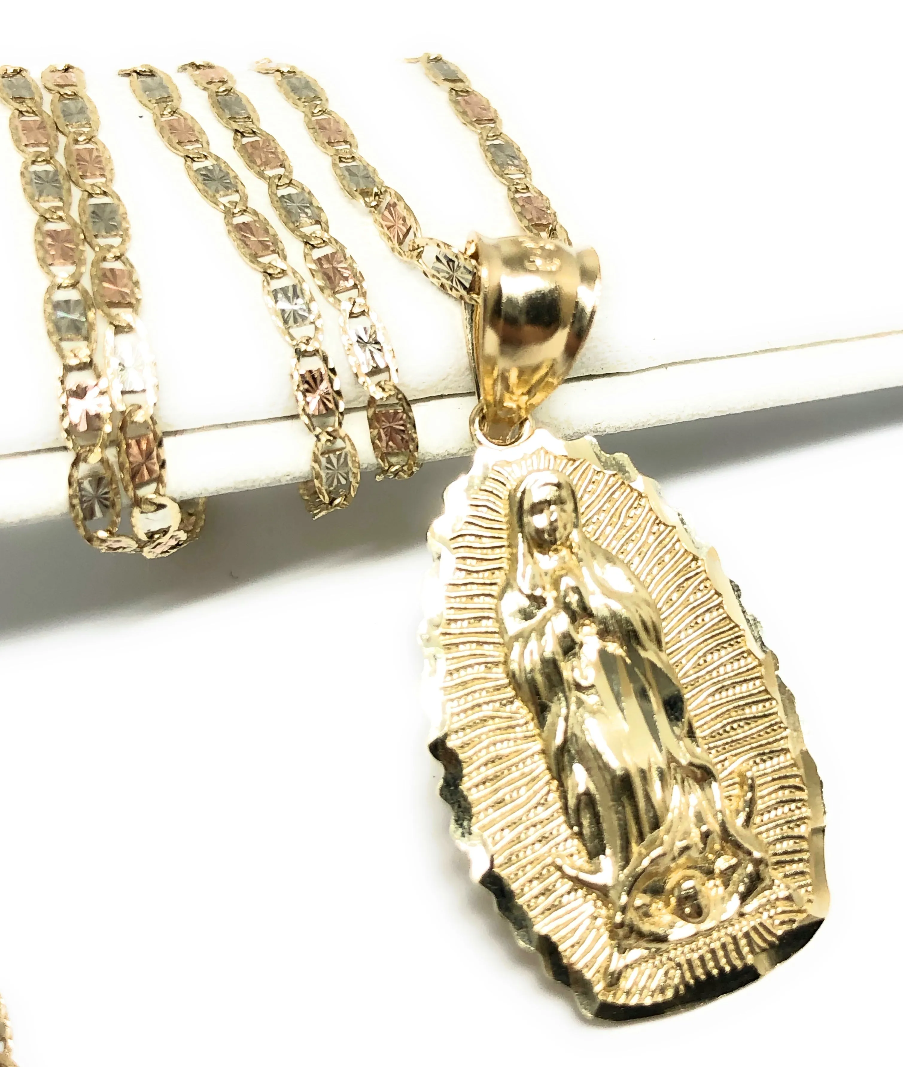 14k Solid Gold Classic Virrgin Mary Pendant Necklace Virrgen Gaudalupe Chain (MED, SM)