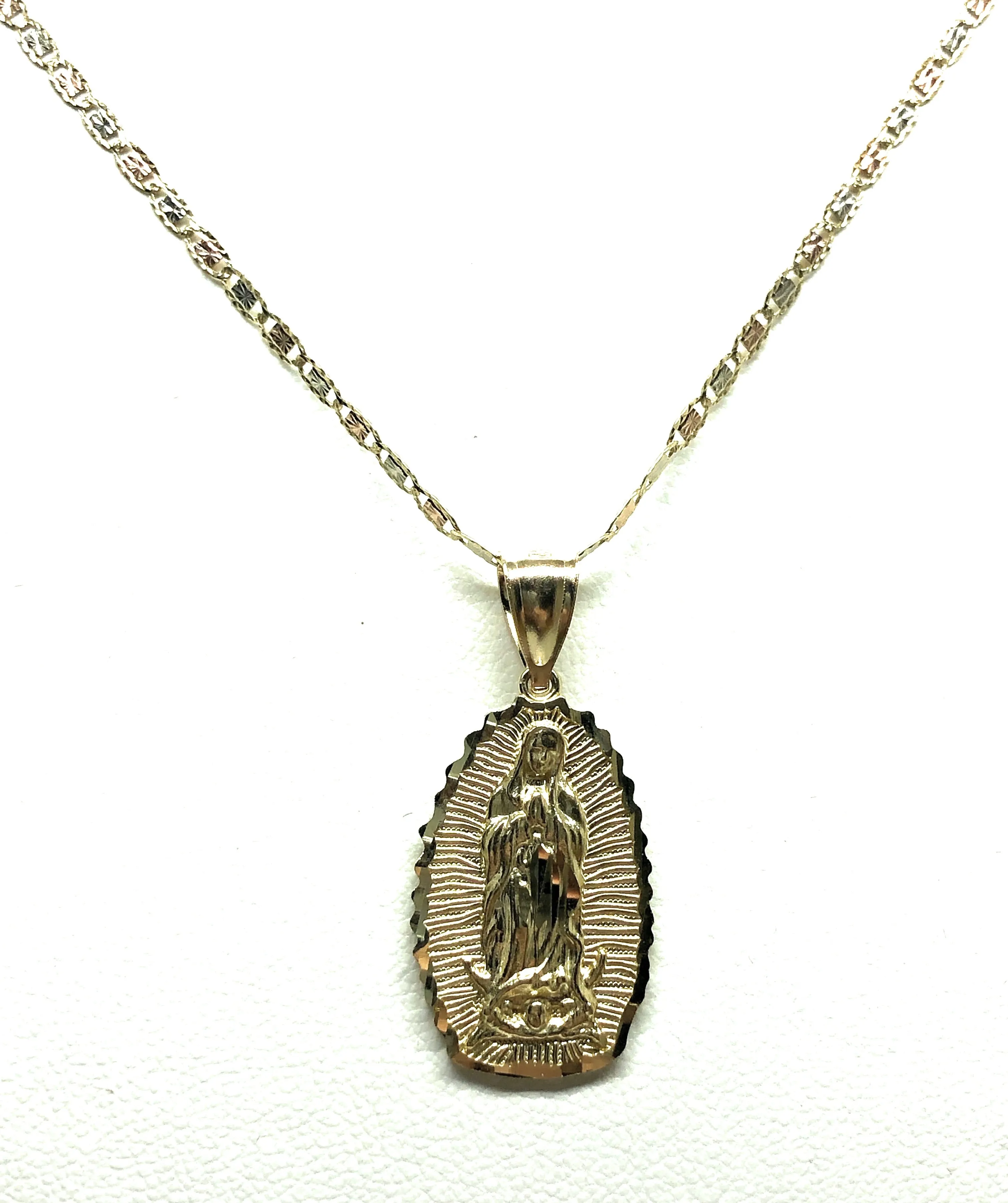 14k Solid Gold Classic Virrgin Mary Pendant Necklace Virrgen Gaudalupe Chain (MED, SM)