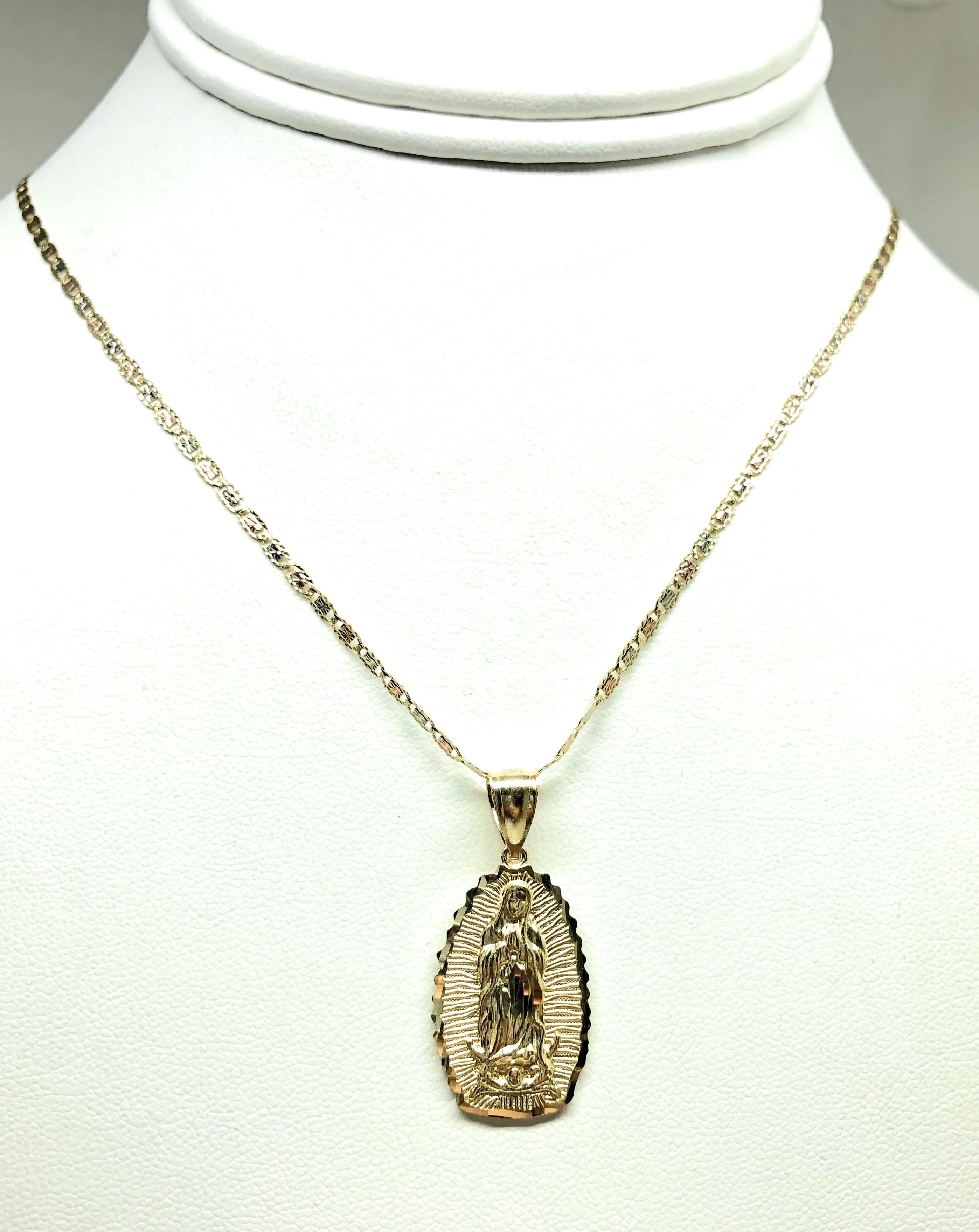 14k Solid Gold Classic Virrgin Mary Pendant Necklace Virrgen Gaudalupe Chain (MED, SM)