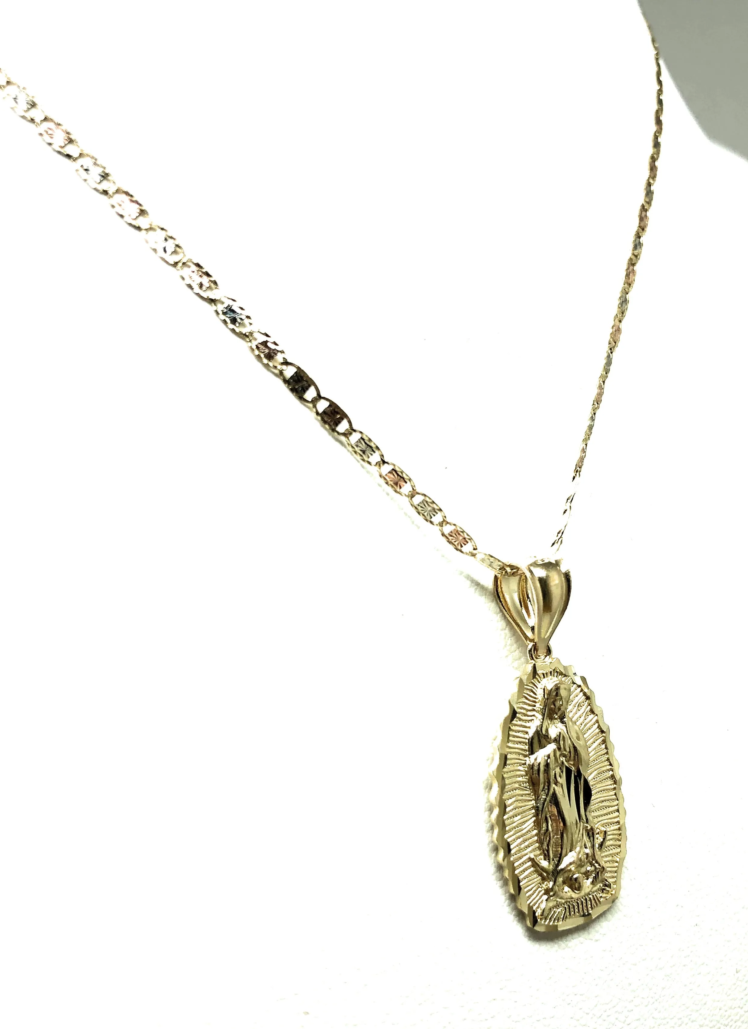 14k Solid Gold Classic Virrgin Mary Pendant Necklace Virrgen Gaudalupe Chain (MED, SM)