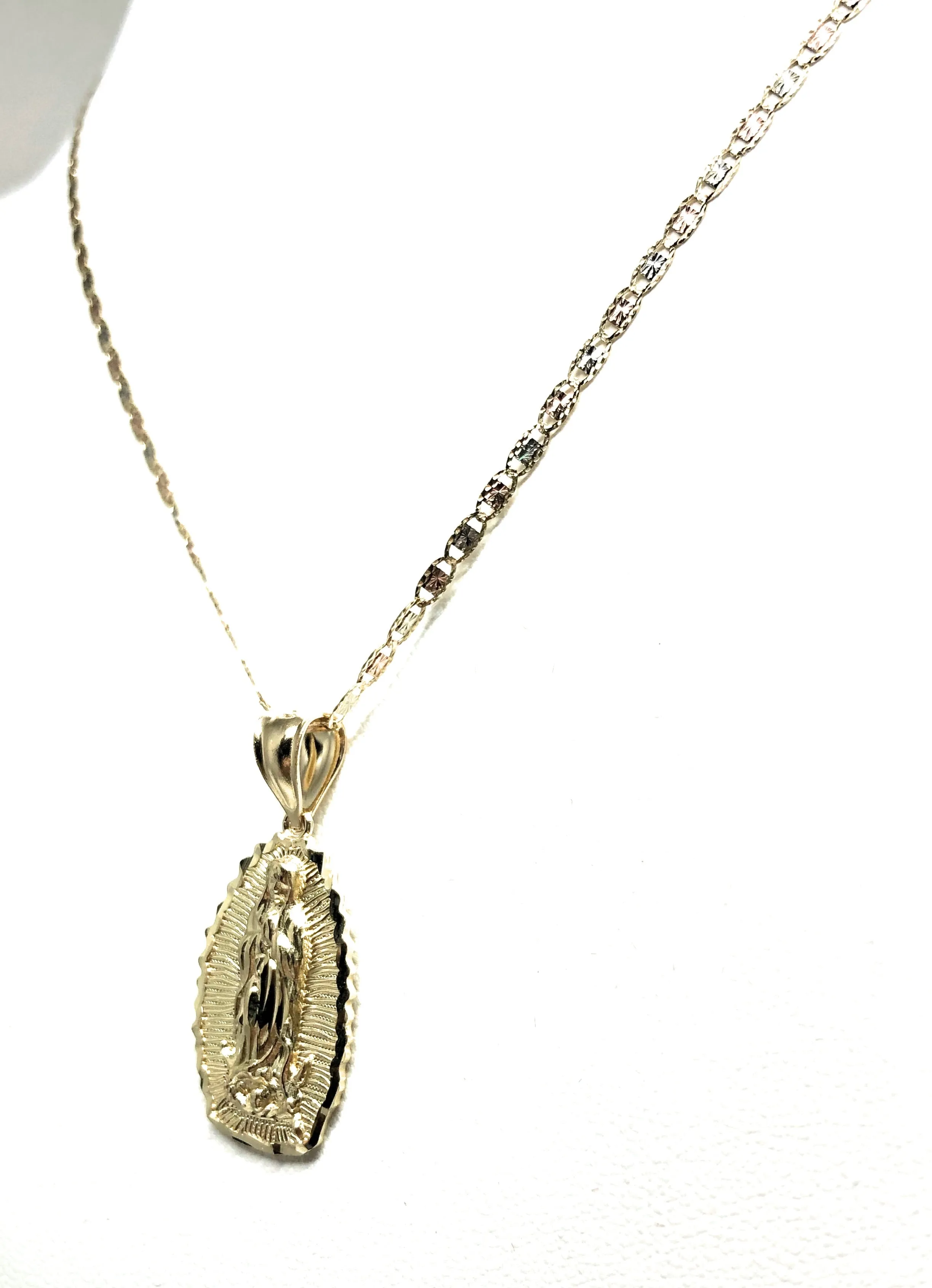 14k Solid Gold Classic Virrgin Mary Pendant Necklace Virrgen Gaudalupe Chain (MED, SM)