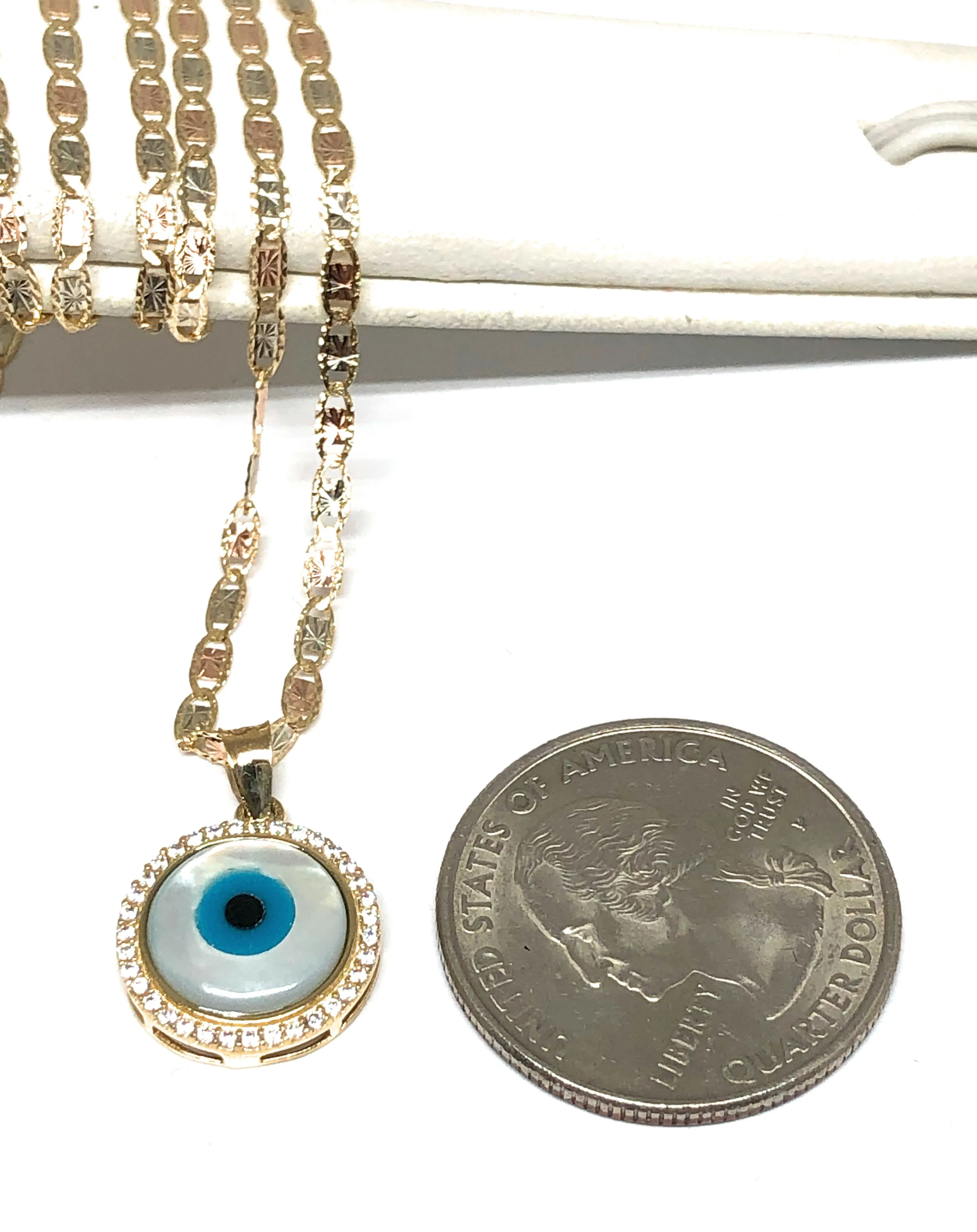 14k Solid Gold EVIL EYE CZ Round Pendant Necklace Valentina Chain (SM, MED)