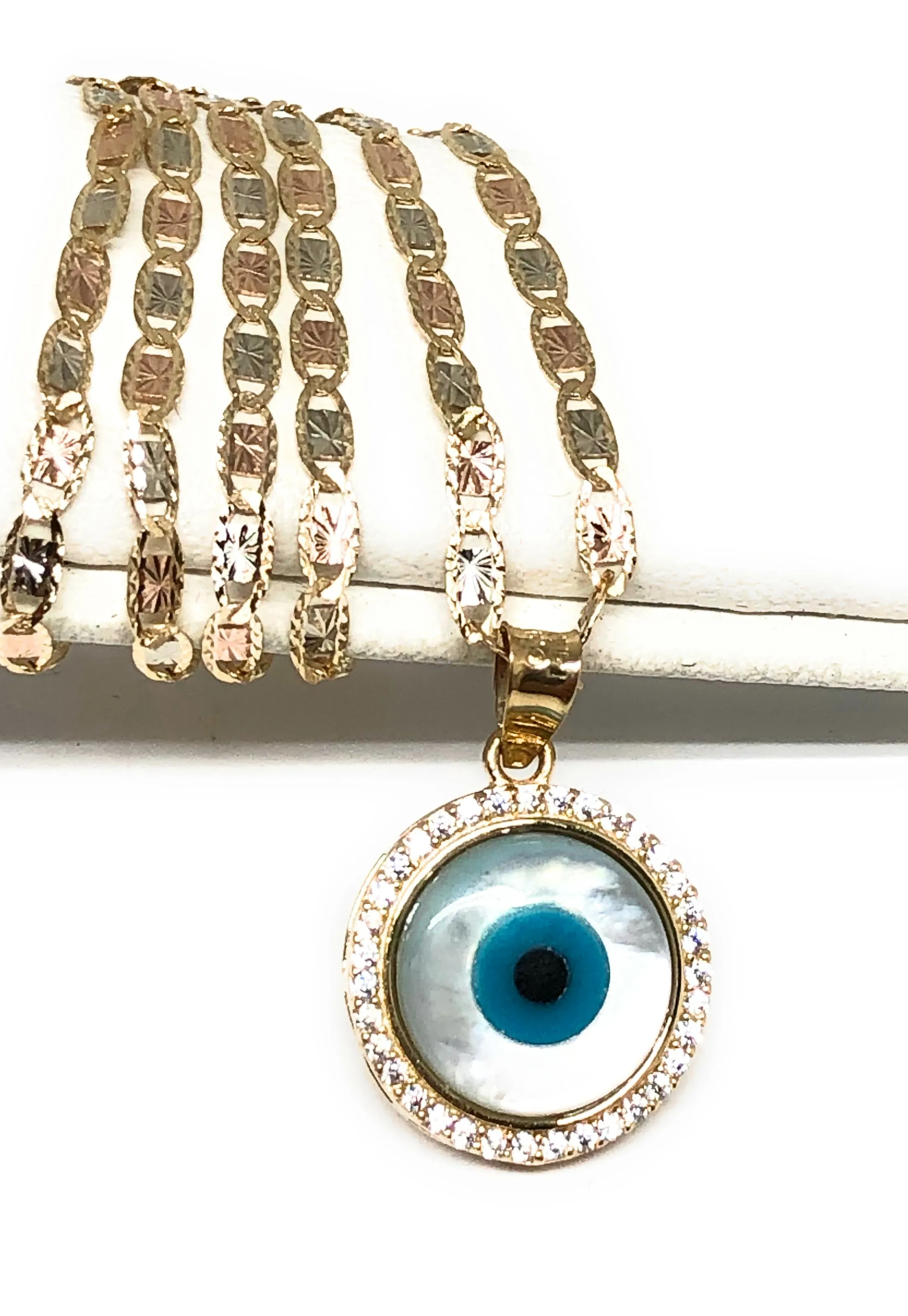 14k Solid Gold EVIL EYE CZ Round Pendant Necklace Valentina Chain (SM, MED)