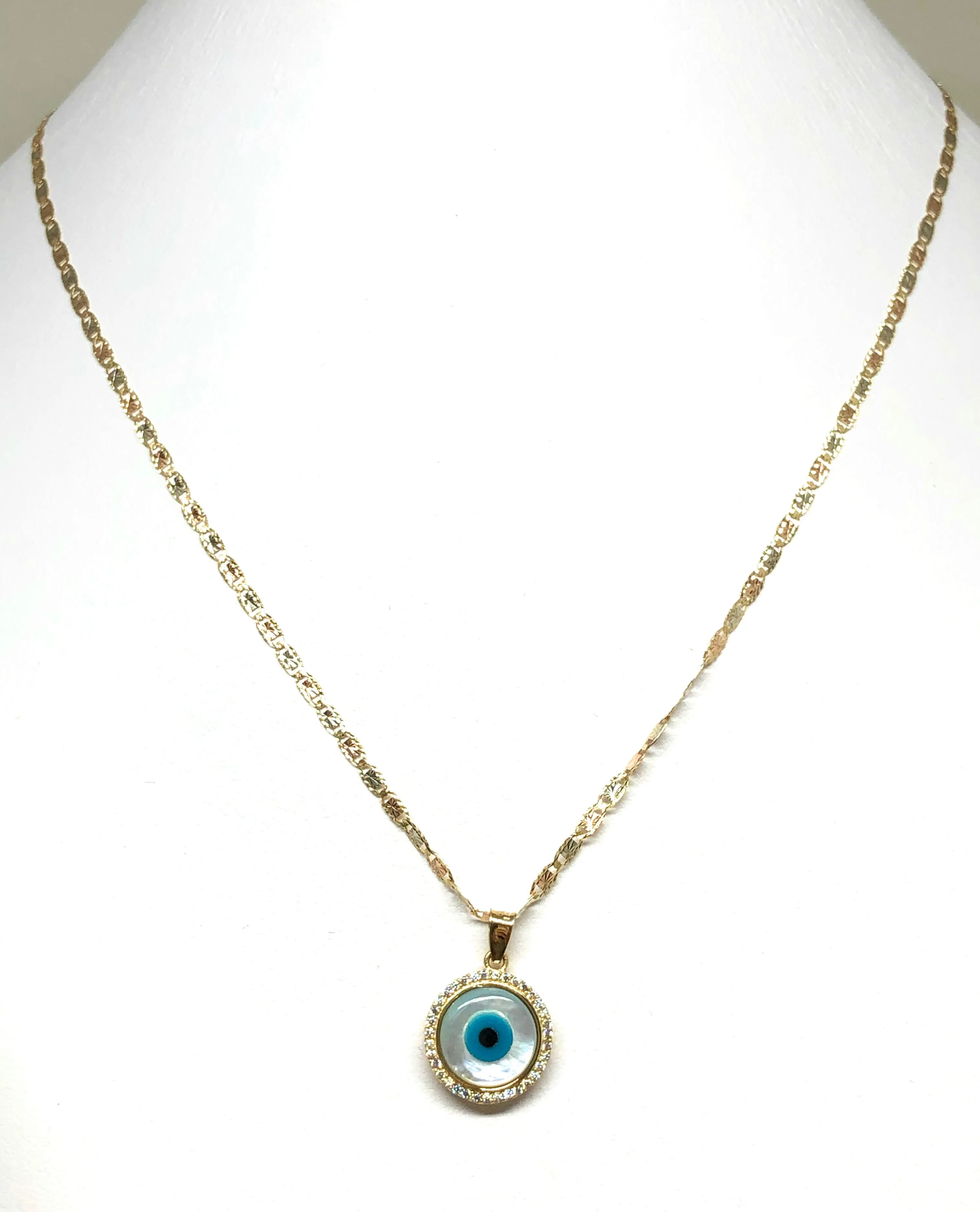 14k Solid Gold EVIL EYE CZ Round Pendant Necklace Valentina Chain (SM, MED)