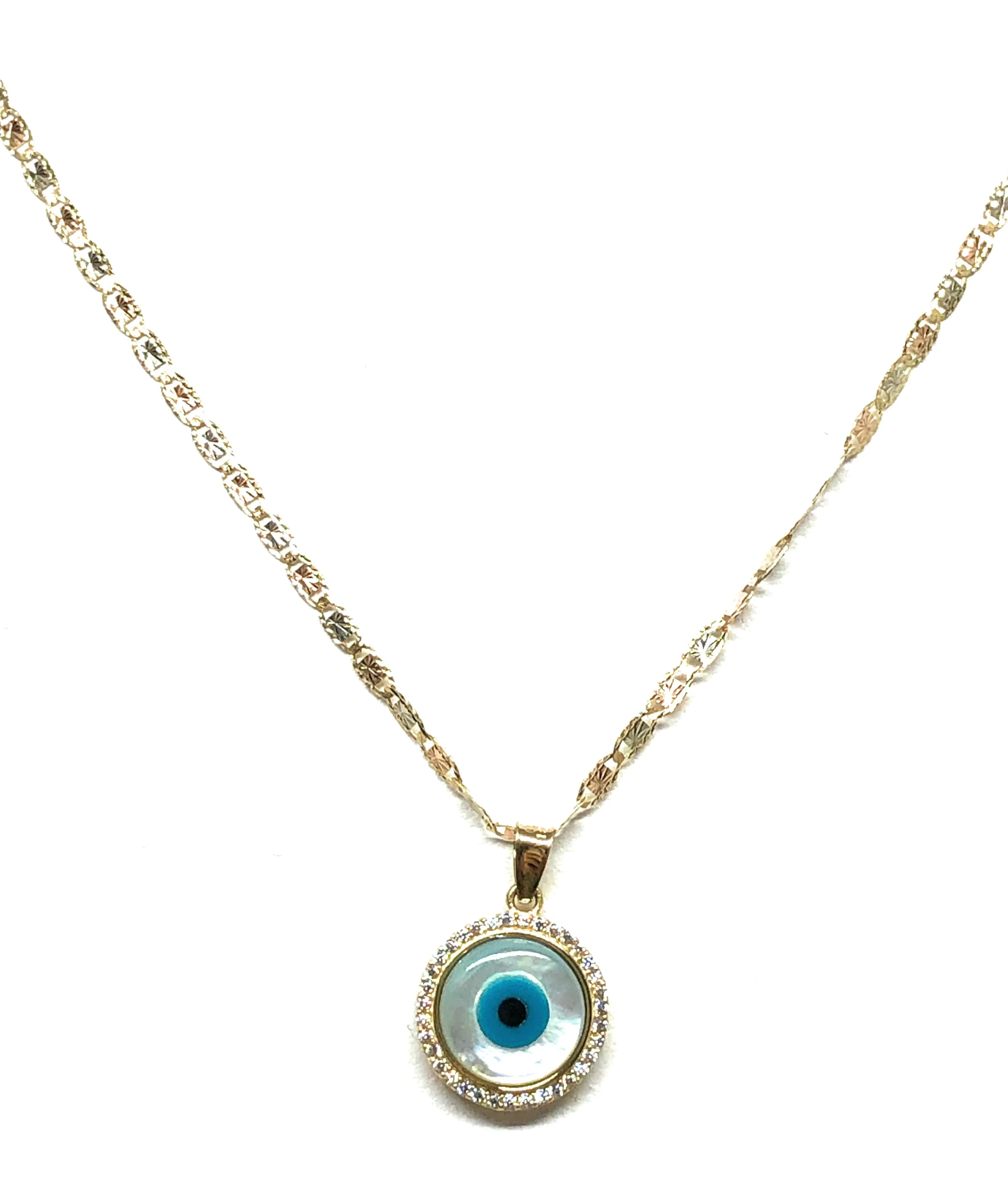 14k Solid Gold EVIL EYE CZ Round Pendant Necklace Valentina Chain (SM, MED)