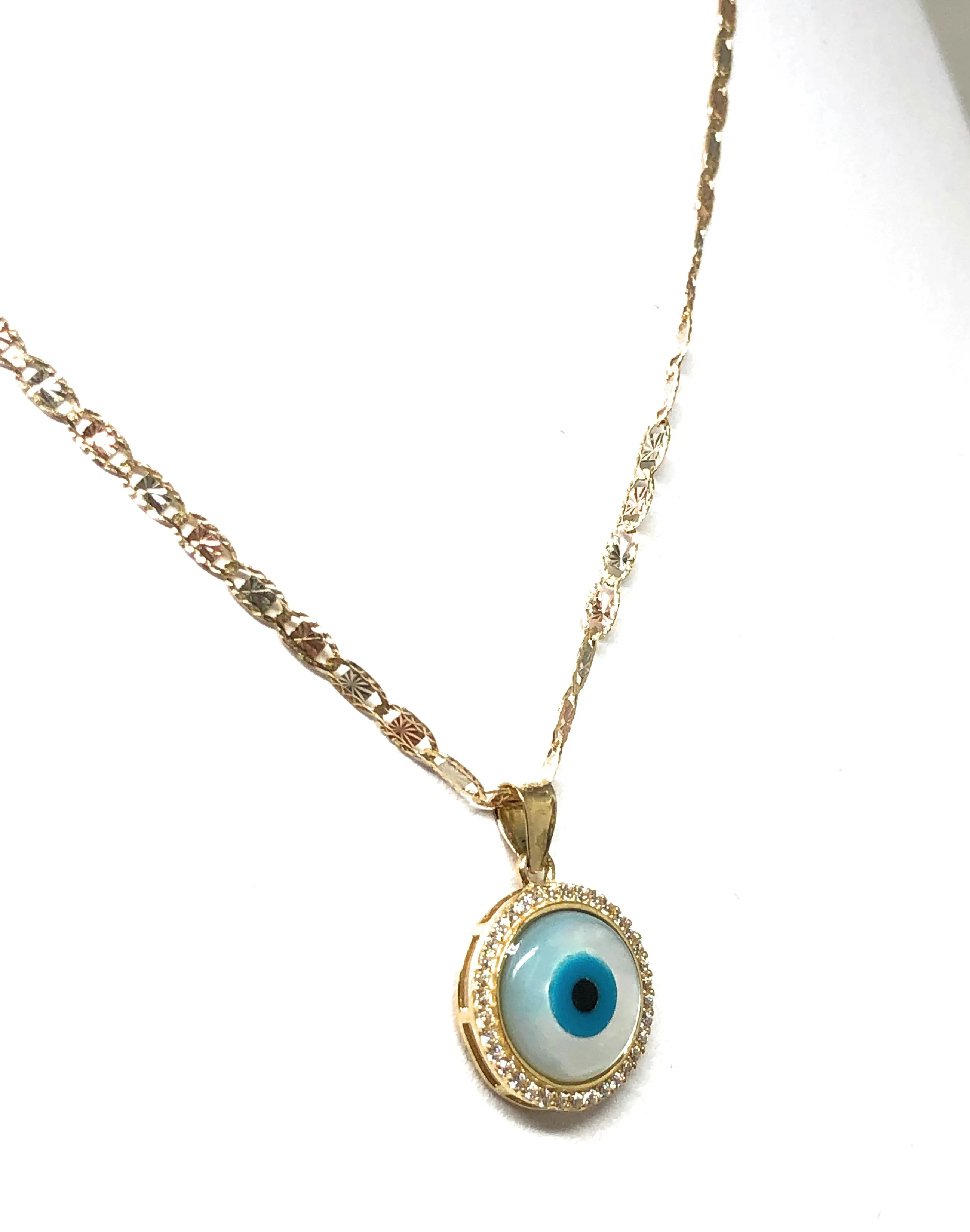 14k Solid Gold EVIL EYE CZ Round Pendant Necklace Valentina Chain (SM, MED)