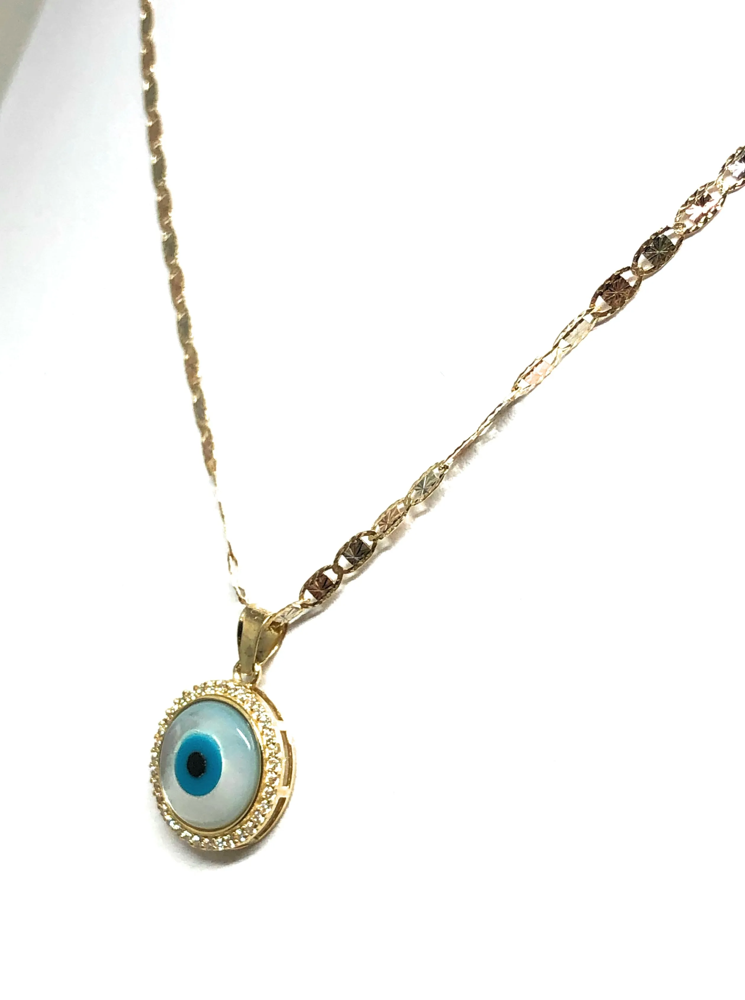 14k Solid Gold EVIL EYE CZ Round Pendant Necklace Valentina Chain (SM, MED)