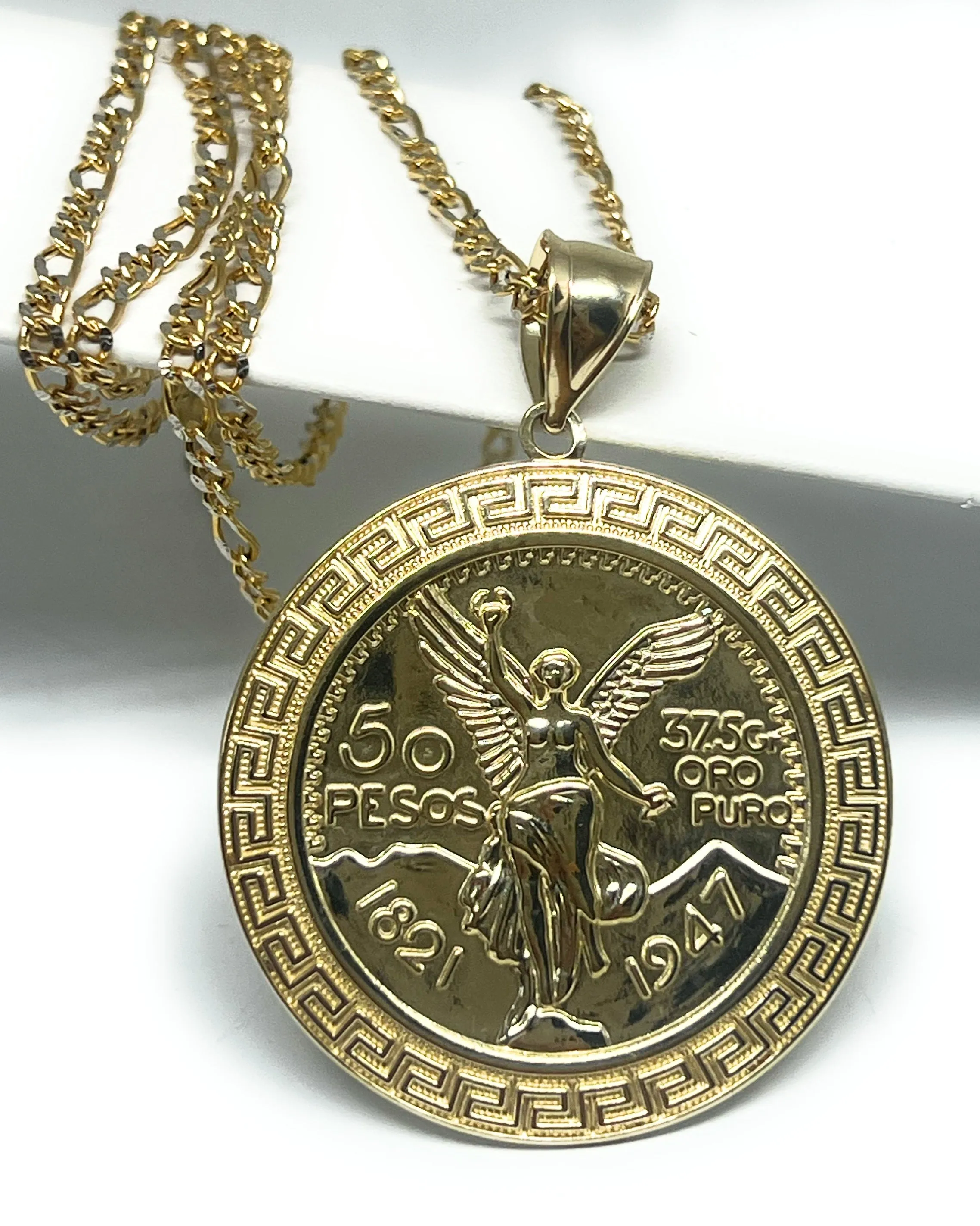 14k Solid Gold Mexican Cenntenario MEANDROS BORDER Pendant Necklace (LG, MED, SM)