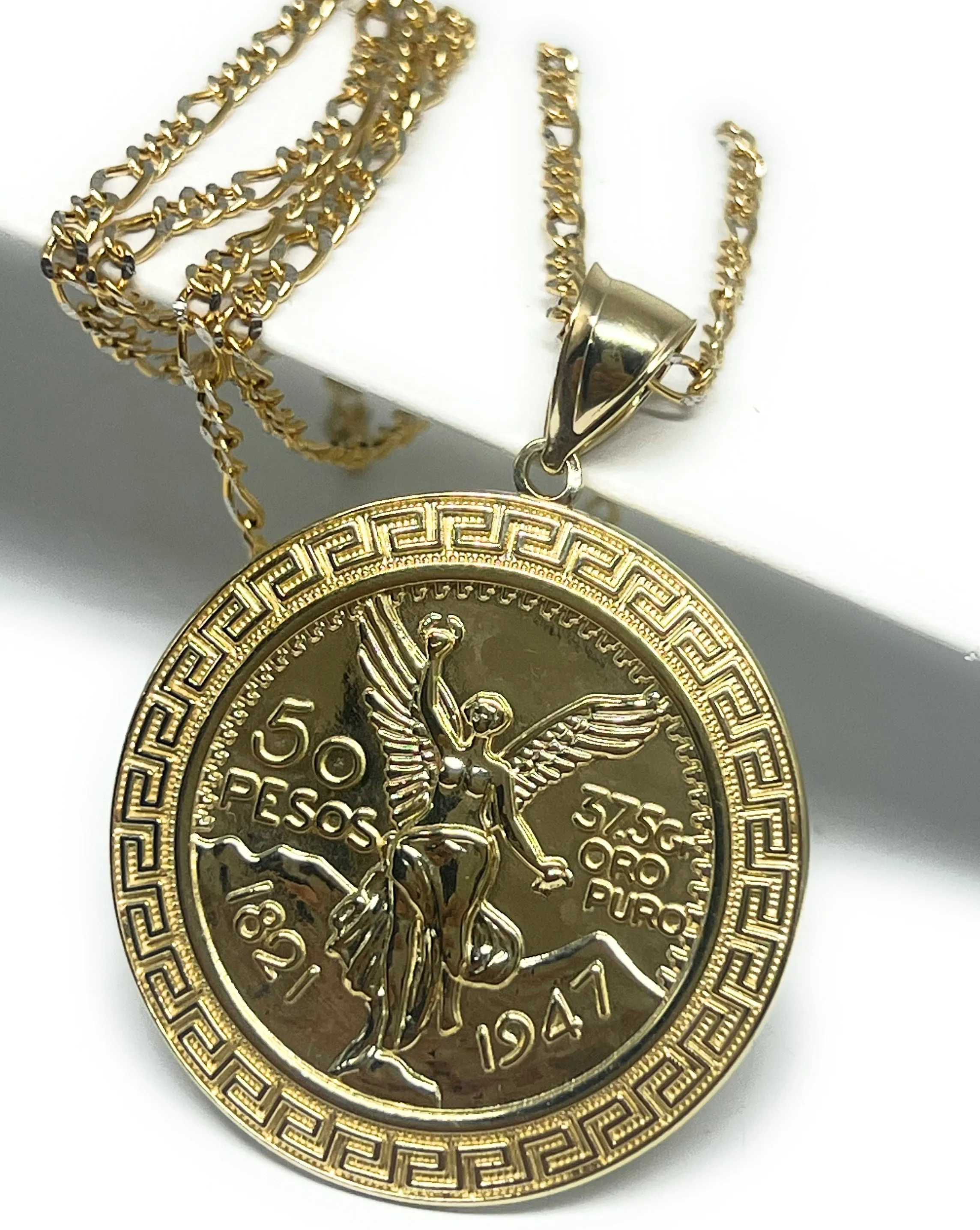 14k Solid Gold Mexican Cenntenario MEANDROS BORDER Pendant Necklace (LG, MED, SM)