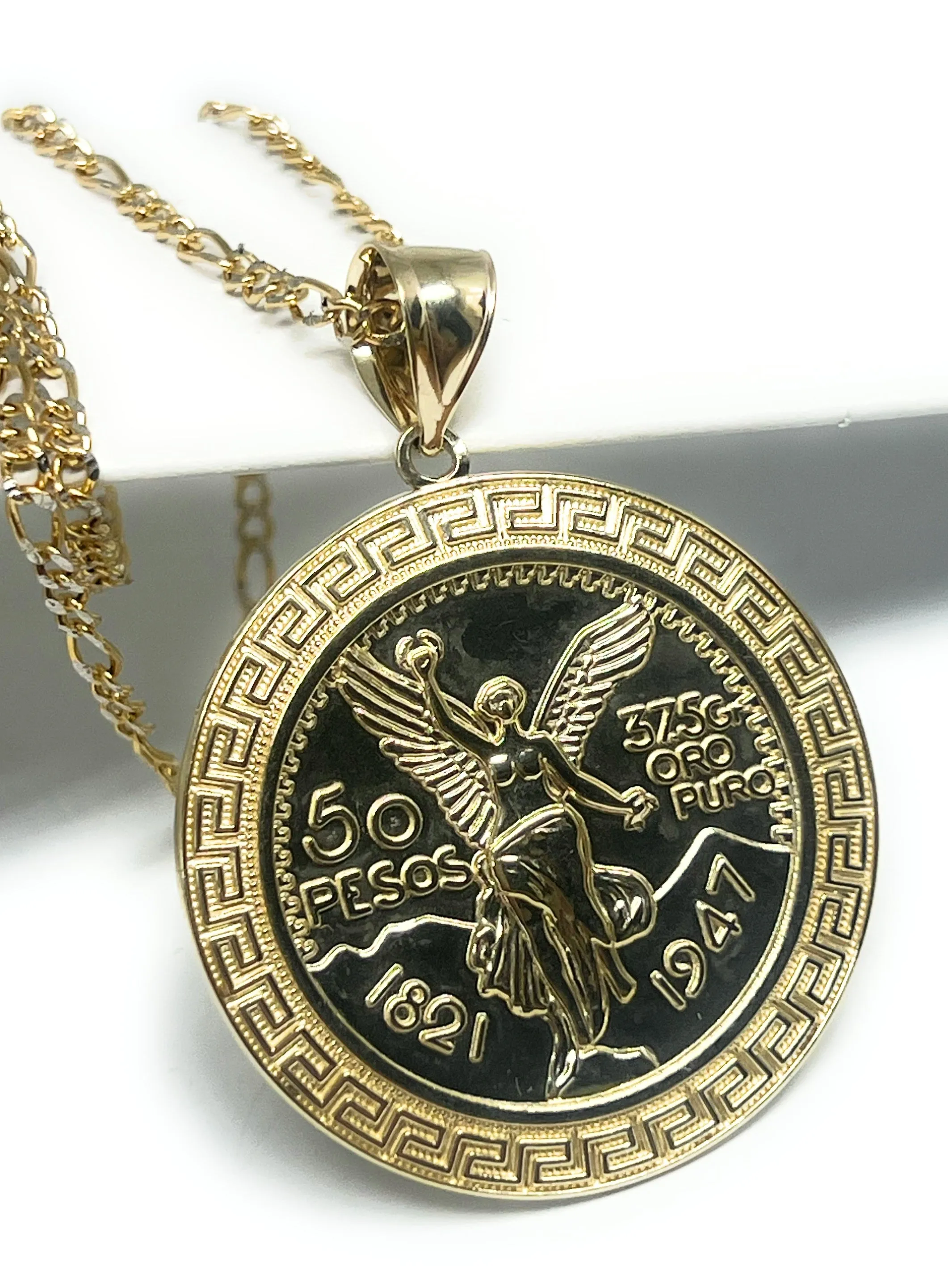 14k Solid Gold Mexican Cenntenario MEANDROS BORDER Pendant Necklace (LG, MED, SM)