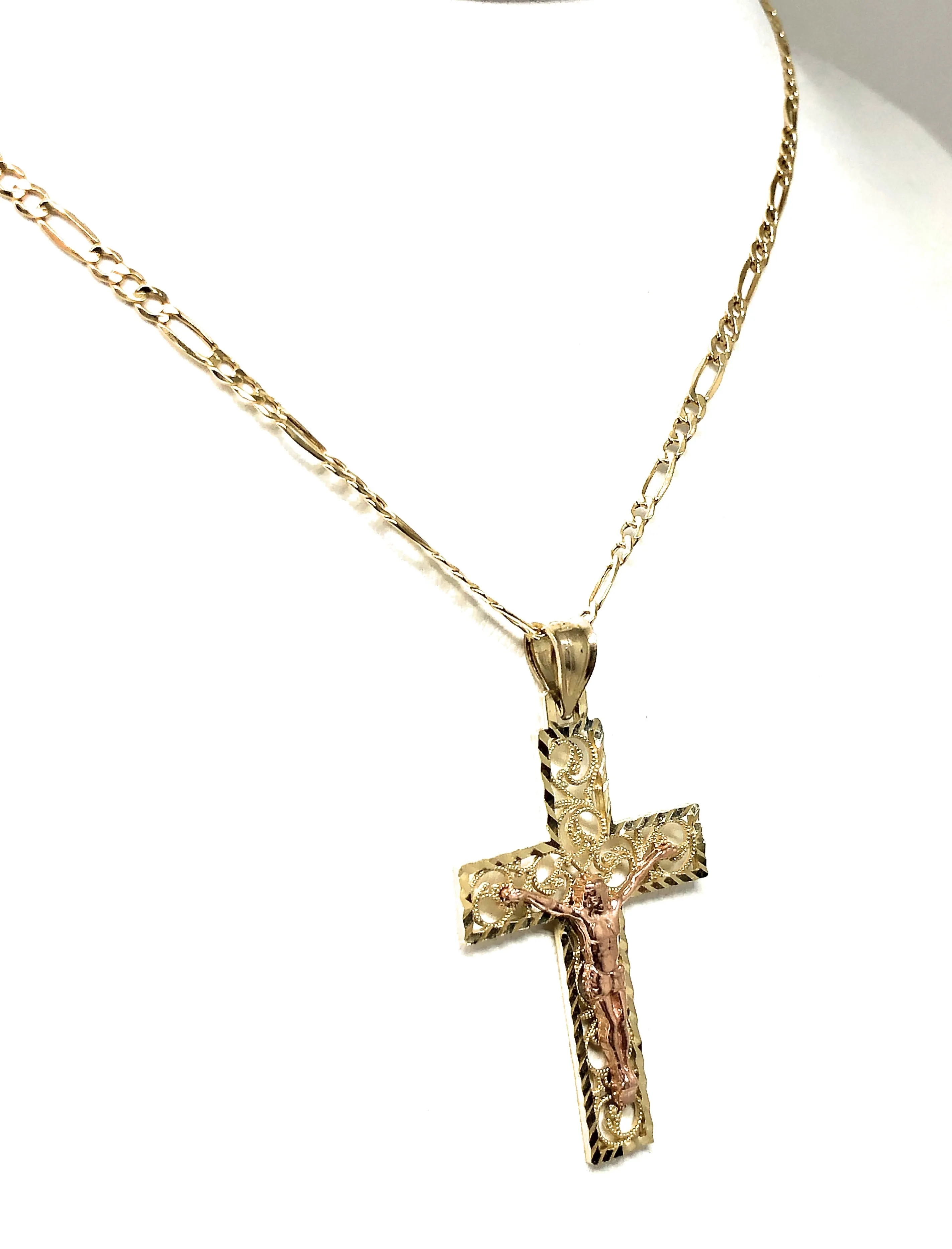 14k Solid Gold Yellow & Rose 2-Tone Filigran Jesus Cross Crucifix Pendant Necklace (SM, MED)