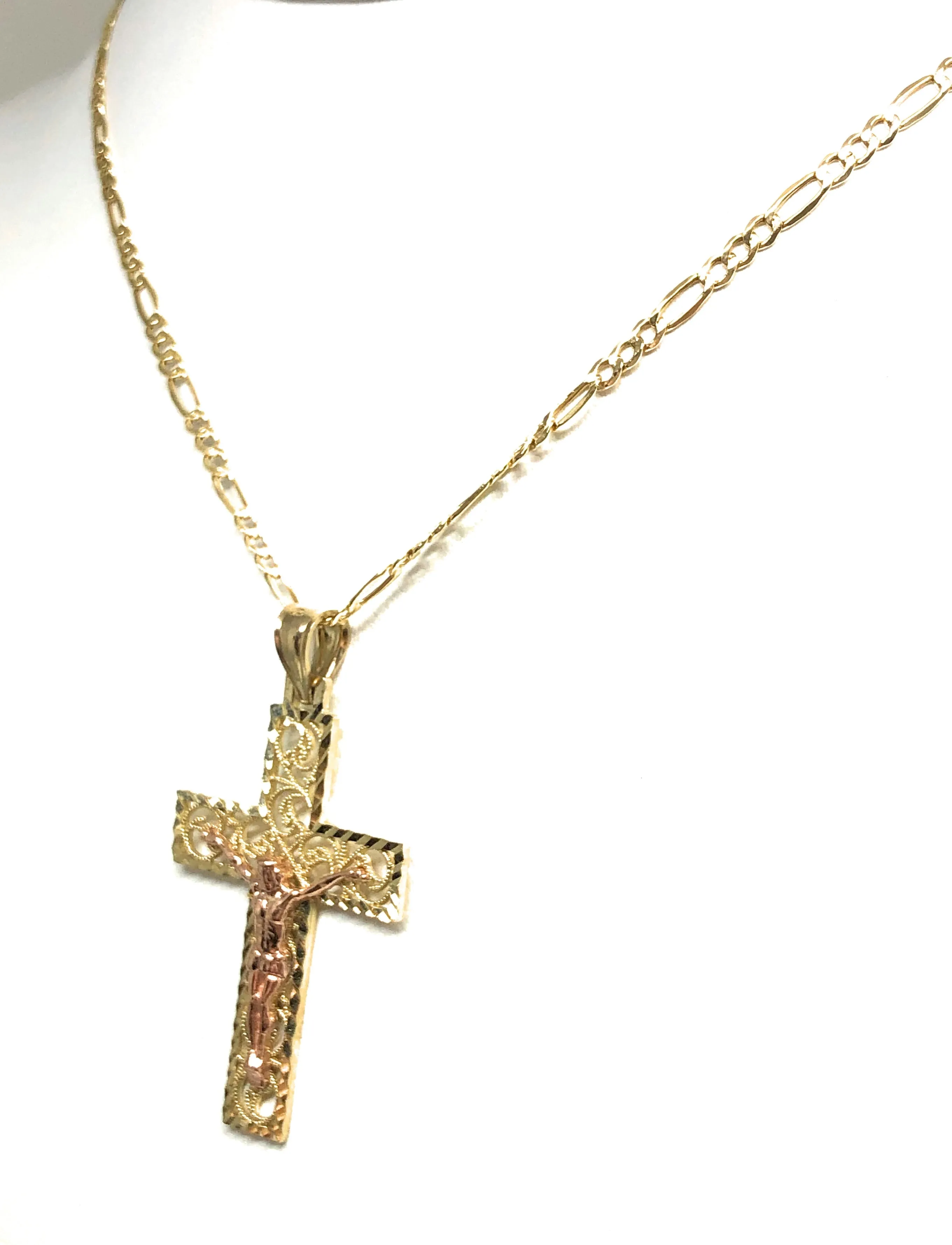 14k Solid Gold Yellow & Rose 2-Tone Filigran Jesus Cross Crucifix Pendant Necklace (SM, MED)