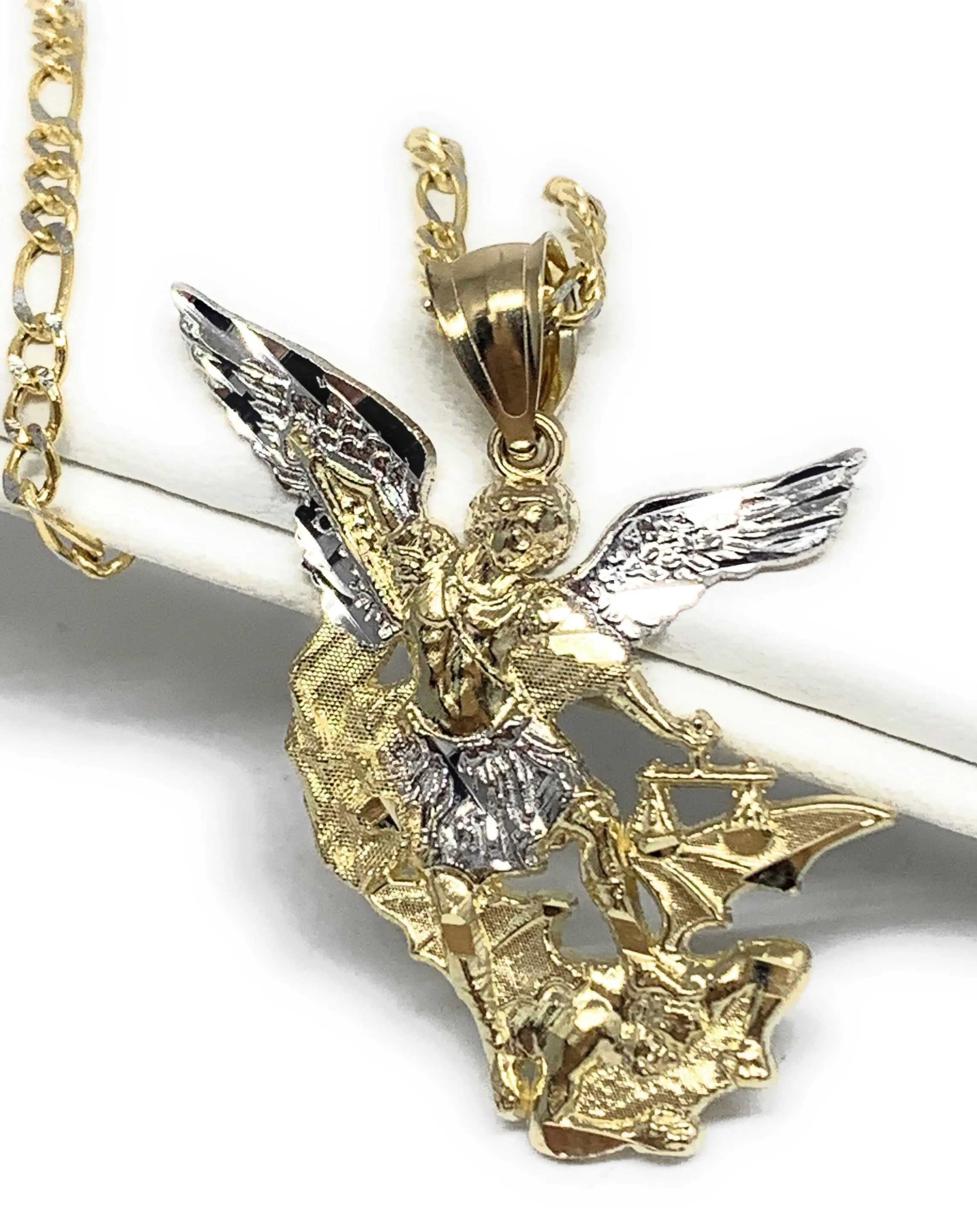 14k Solid Gold Yellow 2-Tone St. Michael Archangel Pendant Necklace (LG,MED,SM)