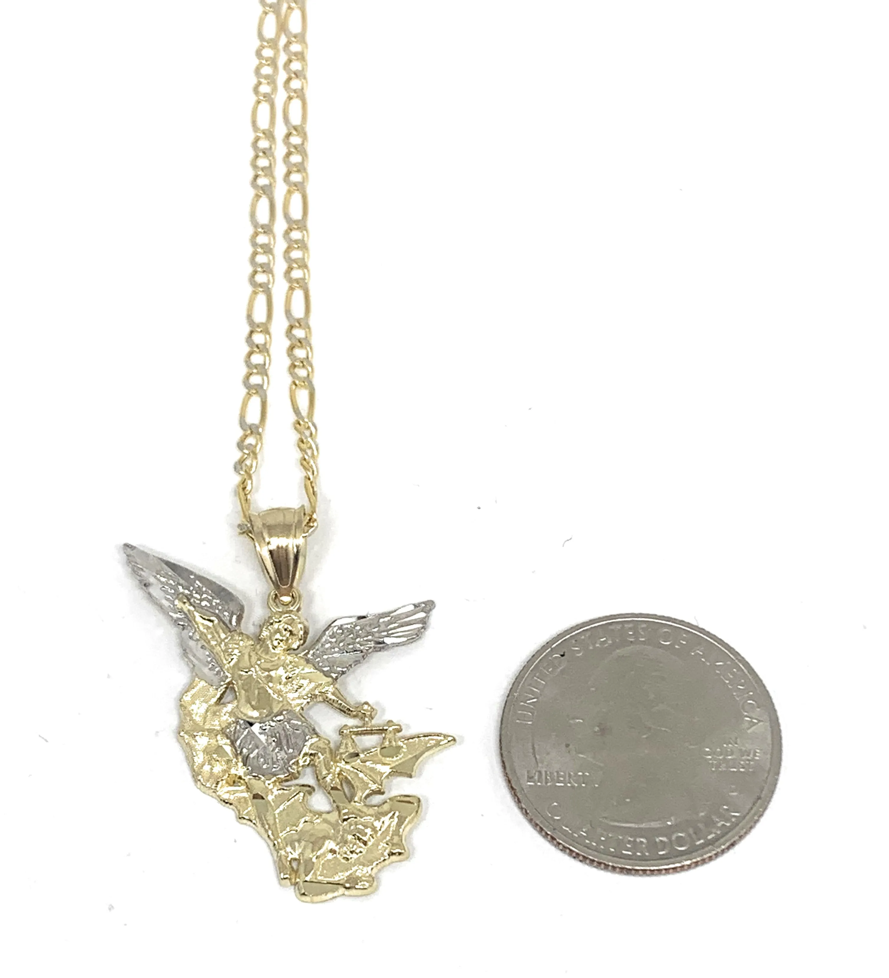 14k Solid Gold Yellow 2-Tone St. Michael Archangel Pendant Necklace (LG,MED,SM)