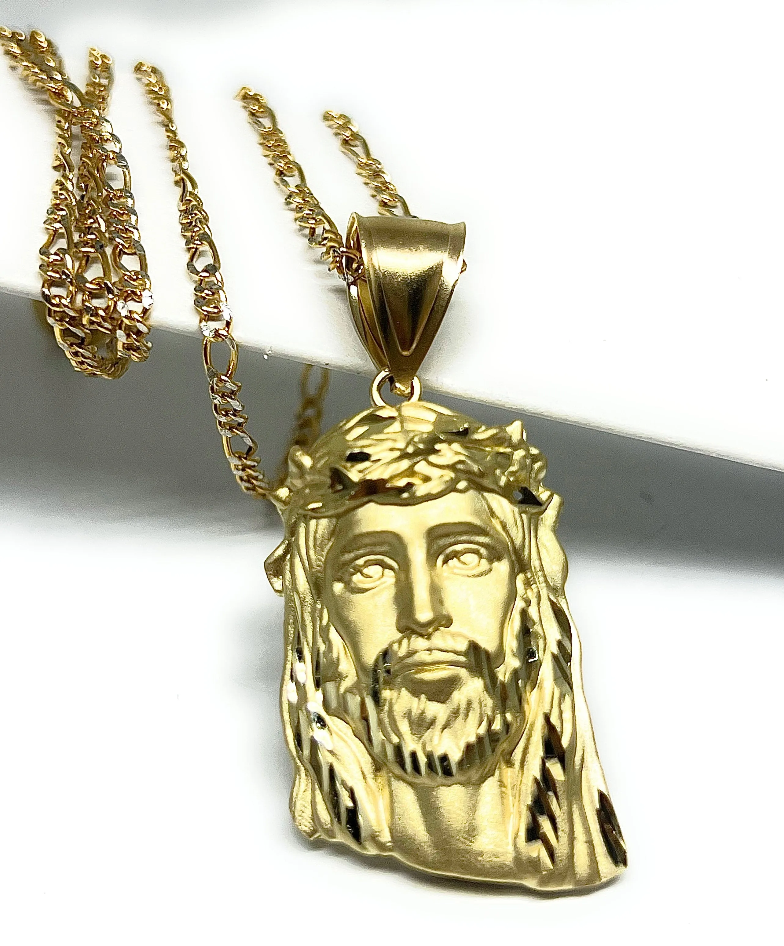 14k Solid Gold Yellow Classic Jesus Face MATTE Pendant Necklace (LG, MED, SM)