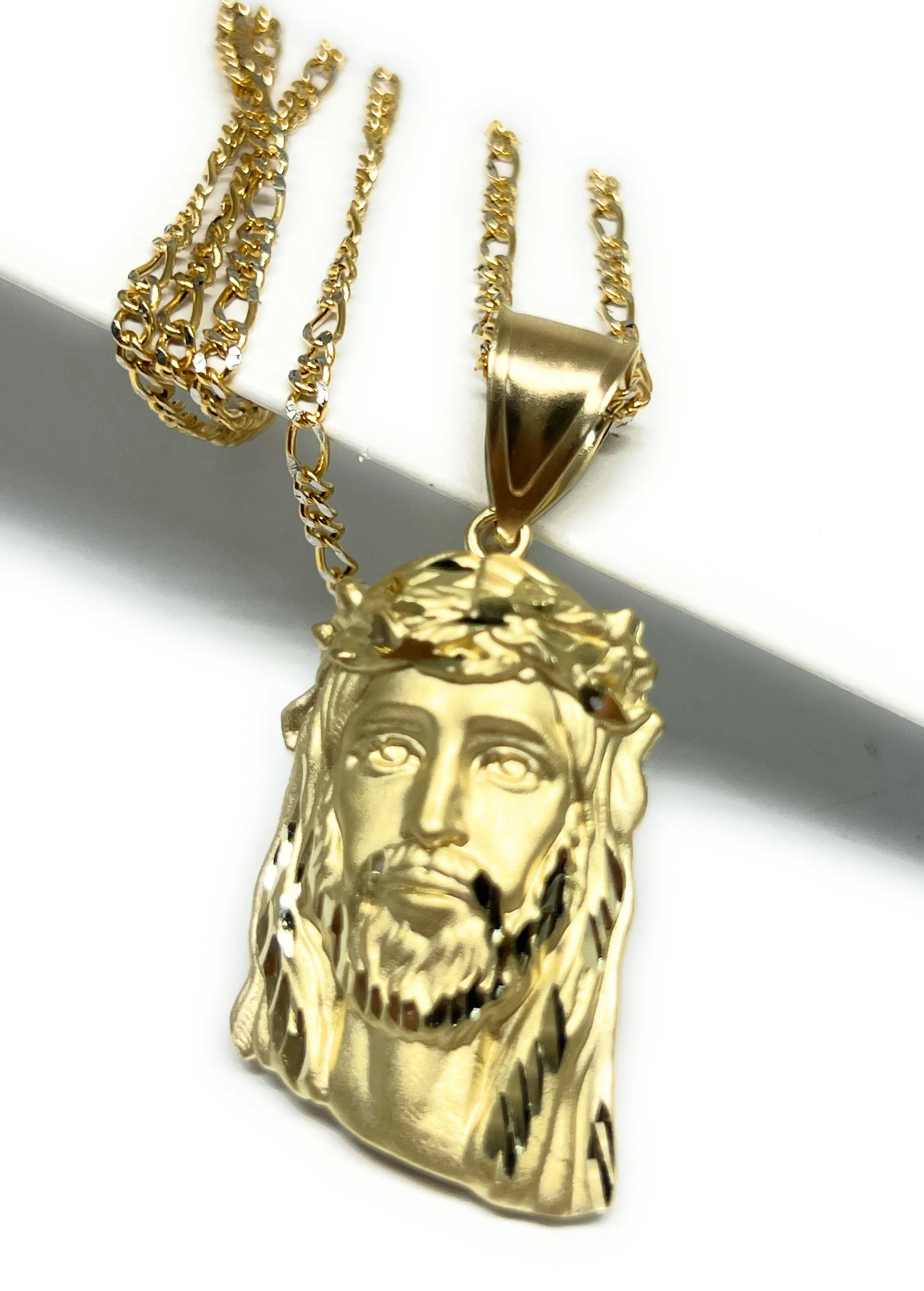 14k Solid Gold Yellow Classic Jesus Face MATTE Pendant Necklace (LG, MED, SM)