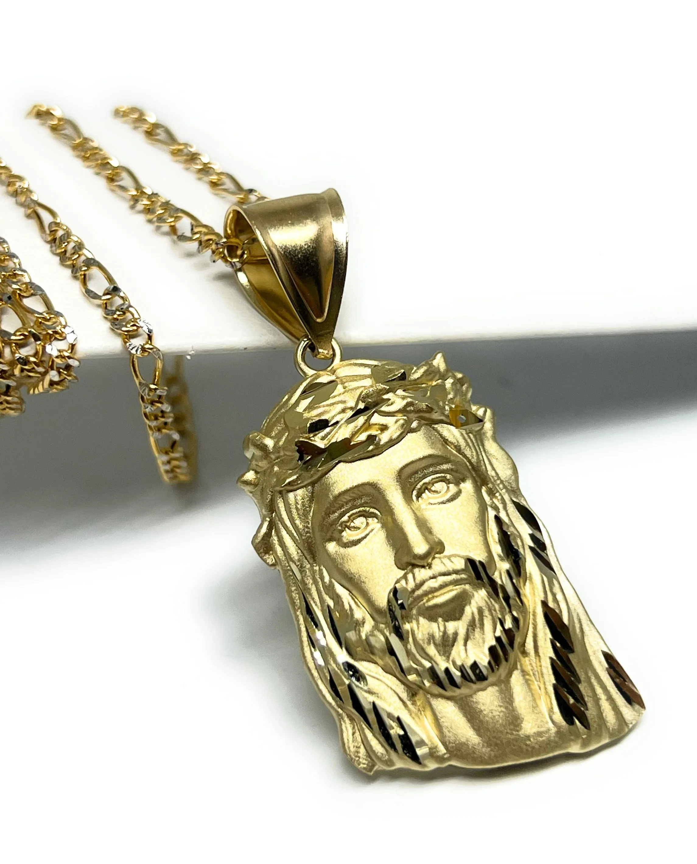 14k Solid Gold Yellow Classic Jesus Face MATTE Pendant Necklace (LG, MED, SM)