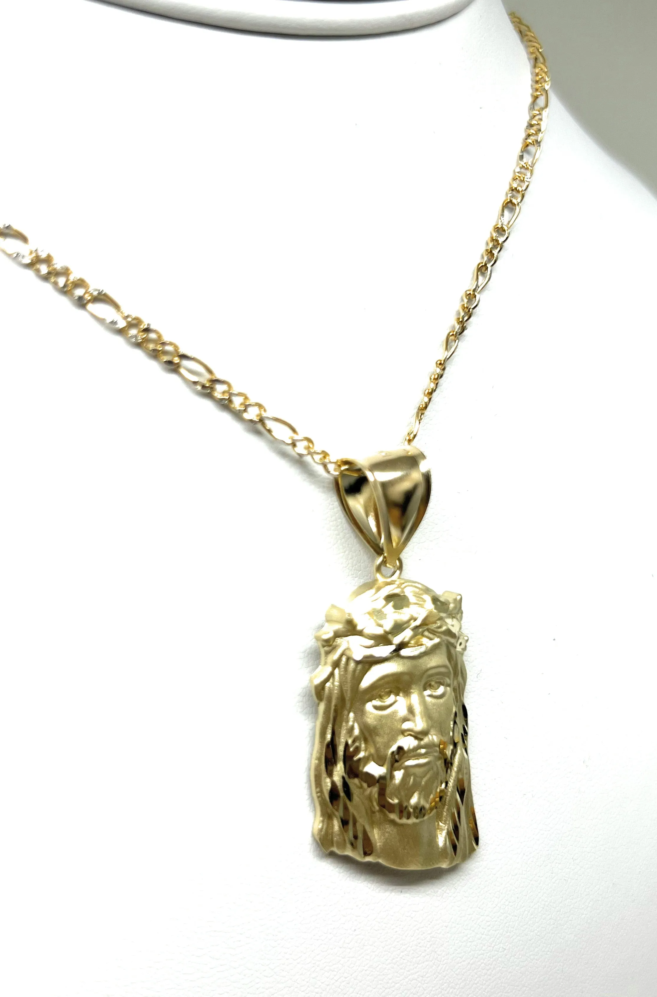 14k Solid Gold Yellow Classic Jesus Face MATTE Pendant Necklace (LG, MED, SM)