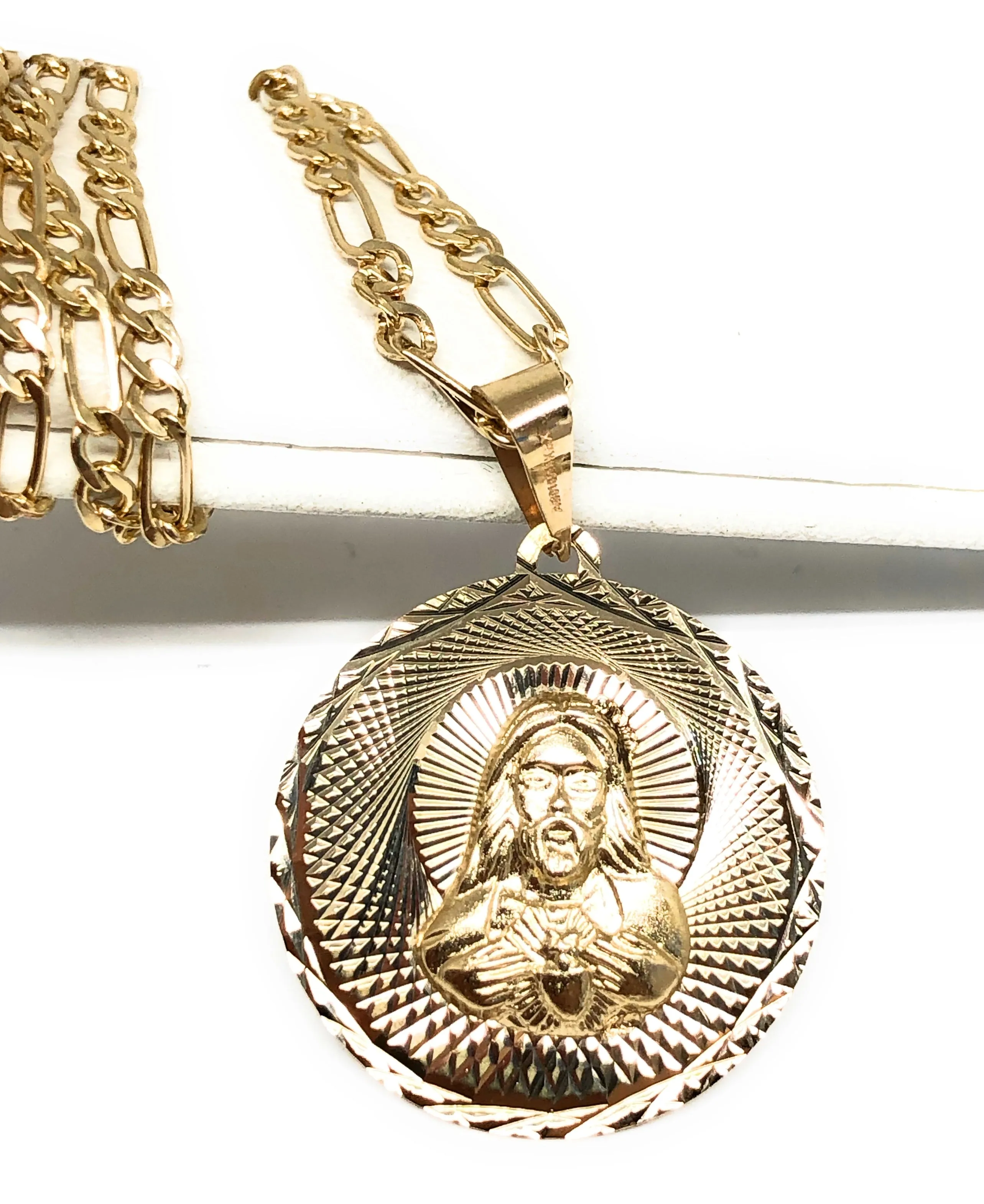 14k Solid Gold Yellow Gold Jesus Sagrado Corazon & Virrgin Mary Double Sided Pendant Necklace (MED,SM)