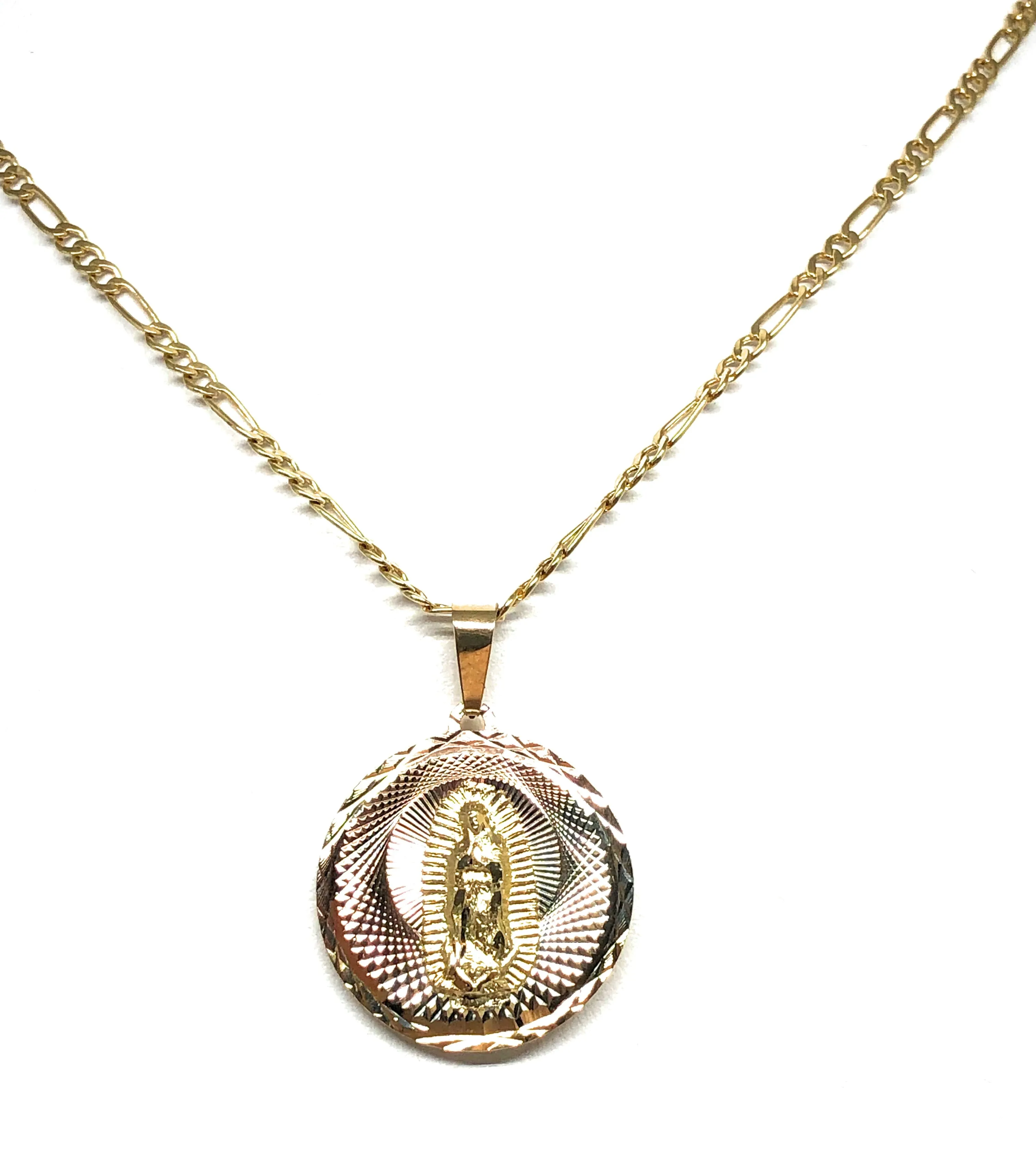 14k Solid Gold Yellow Gold Jesus Sagrado Corazon & Virrgin Mary Double Sided Pendant Necklace (MED,SM)