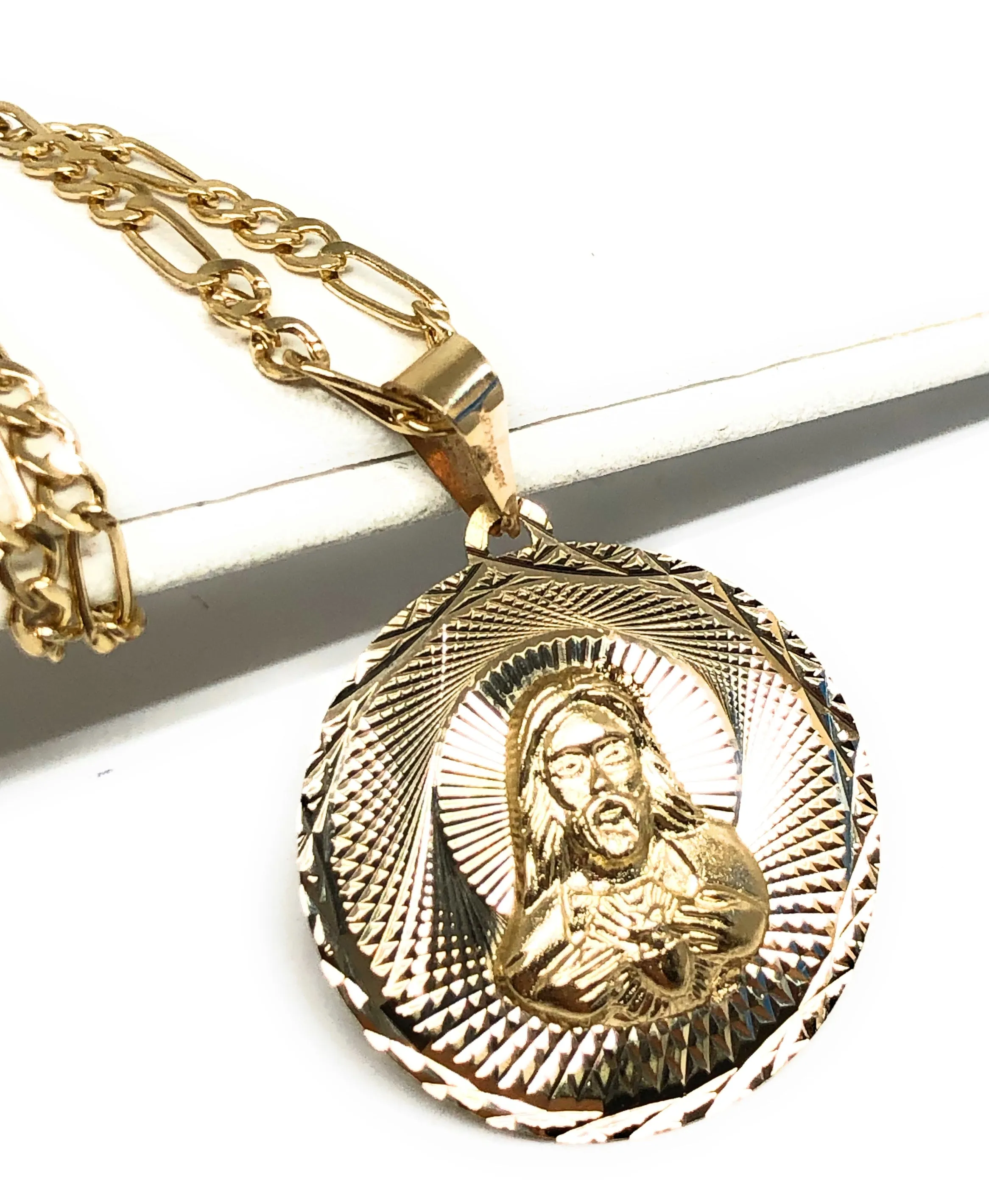 14k Solid Gold Yellow Gold Jesus Sagrado Corazon & Virrgin Mary Double Sided Pendant Necklace (MED,SM)