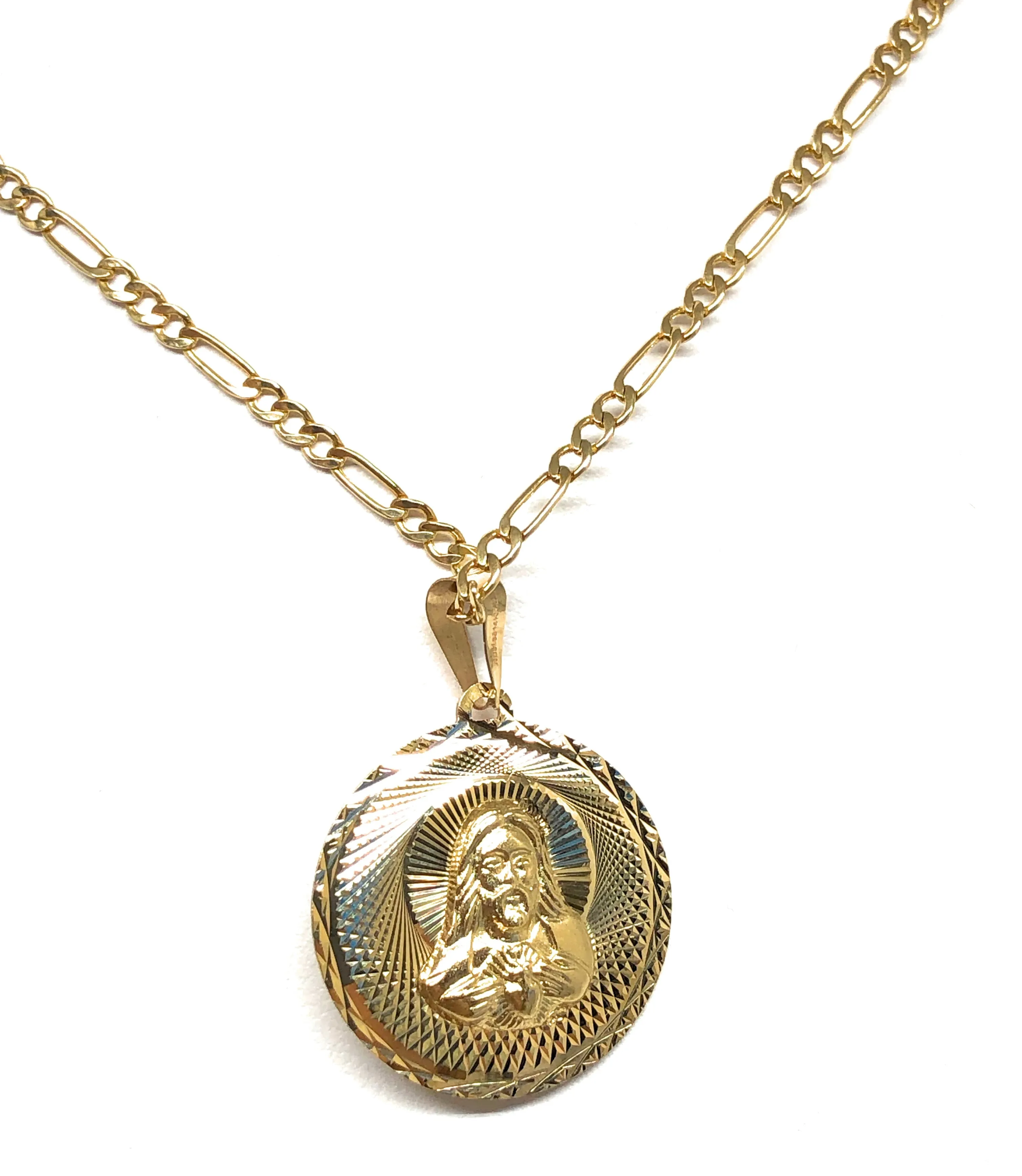 14k Solid Gold Yellow Gold Jesus Sagrado Corazon & Virrgin Mary Double Sided Pendant Necklace (MED,SM)