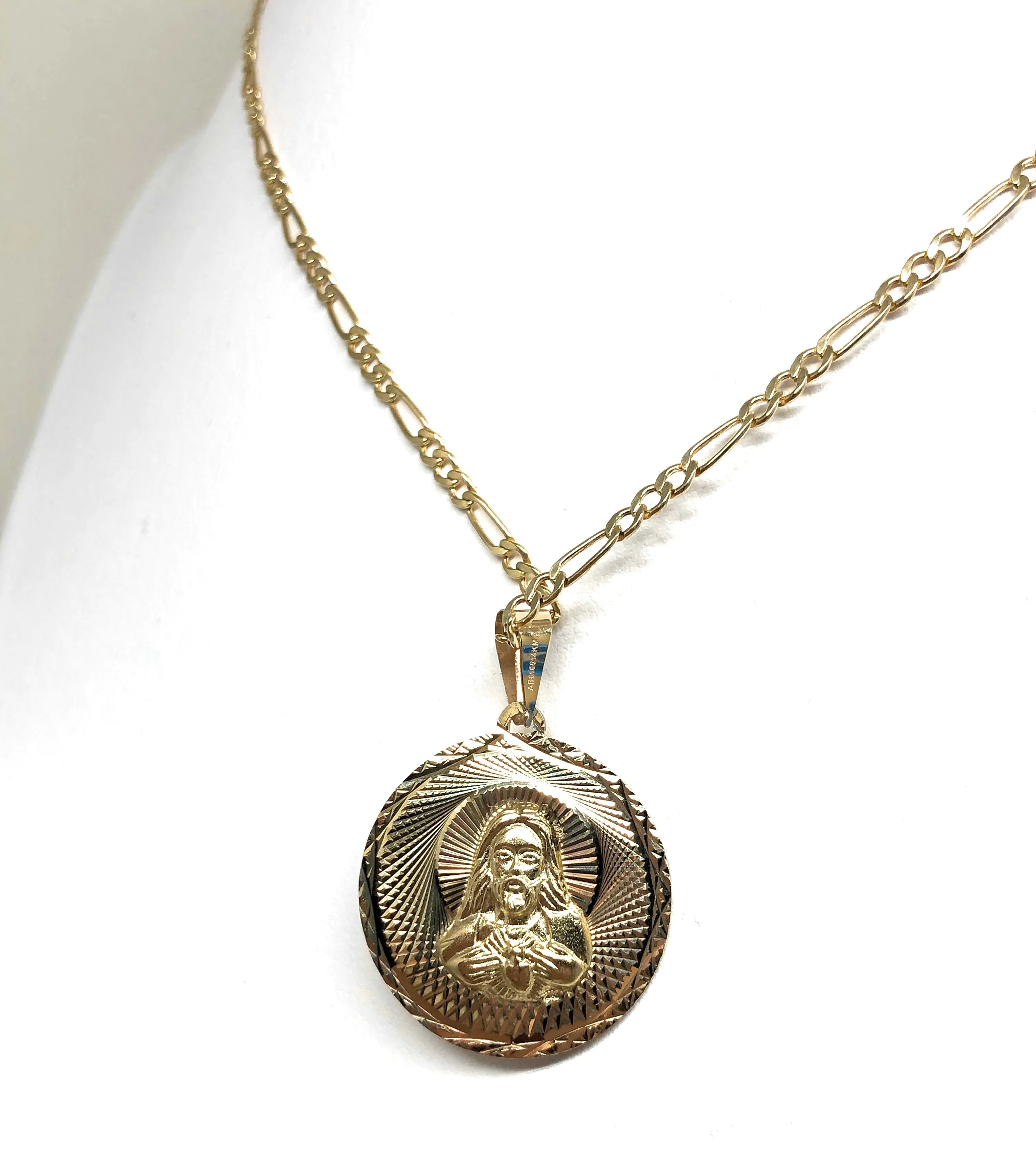 14k Solid Gold Yellow Gold Jesus Sagrado Corazon & Virrgin Mary Double Sided Pendant Necklace (MED,SM)