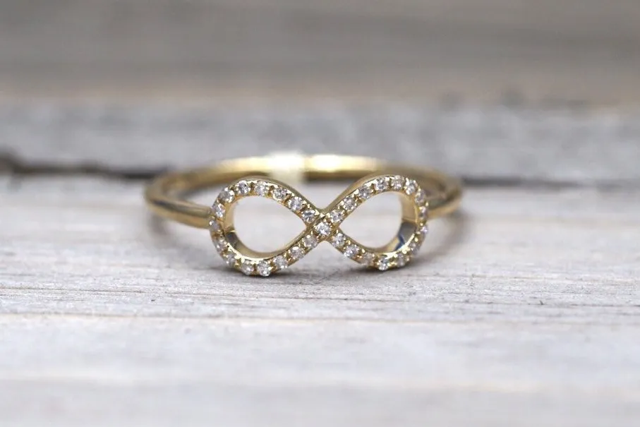 14k Yellow Gold Diamond Pave Polished Infinity Love Symbol Ring Band Promise Anniversary Fashion Rope