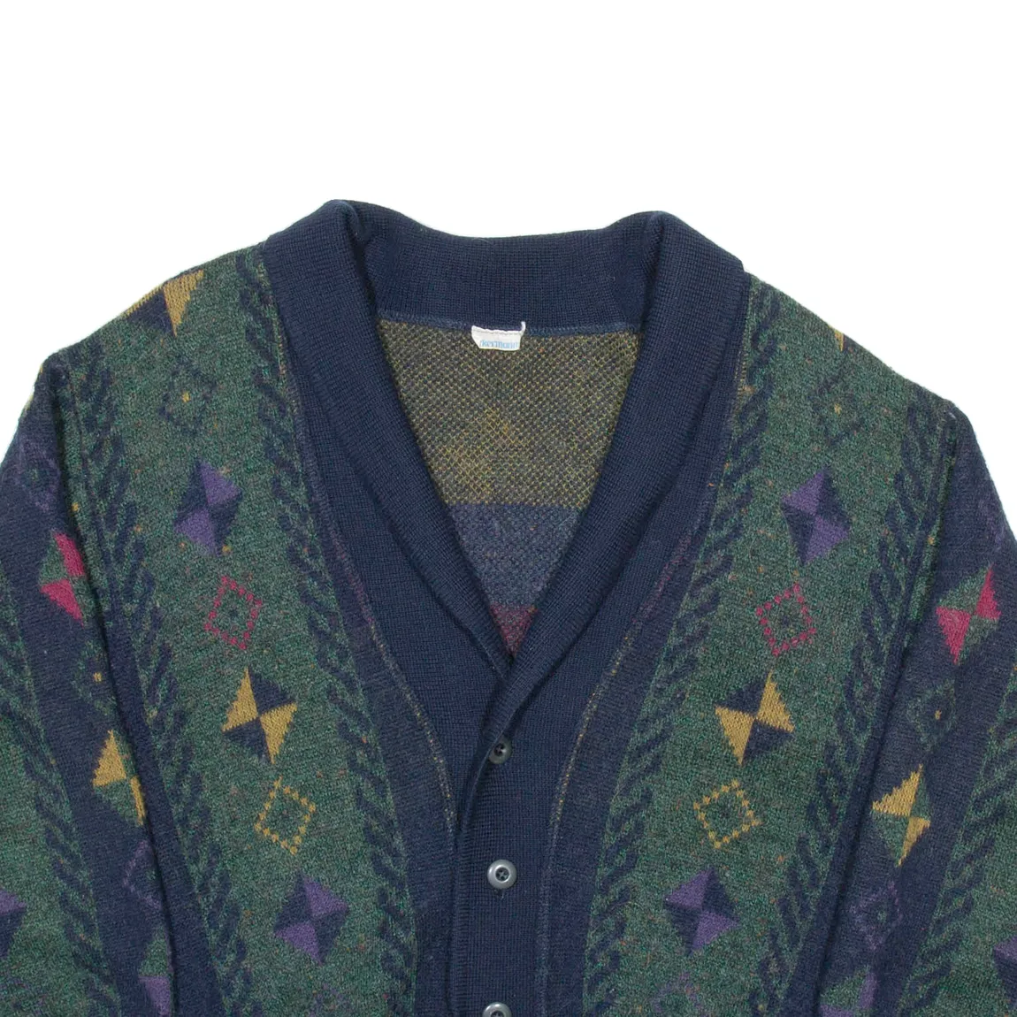 ACKERMAN Mens Patterned Cardigan Blue Argyle V-Neck Chunky Knit Wool L