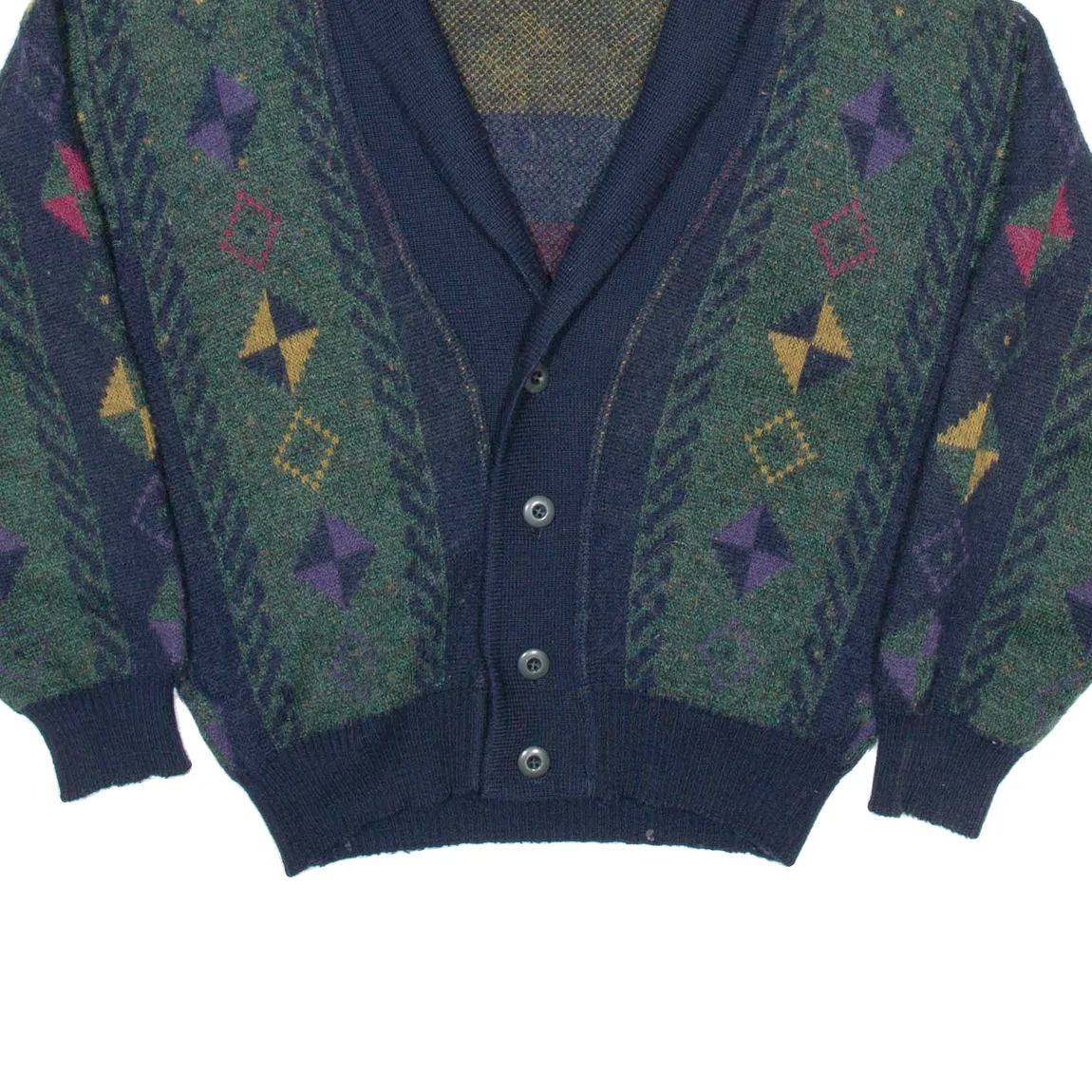 ACKERMAN Mens Patterned Cardigan Blue Argyle V-Neck Chunky Knit Wool L