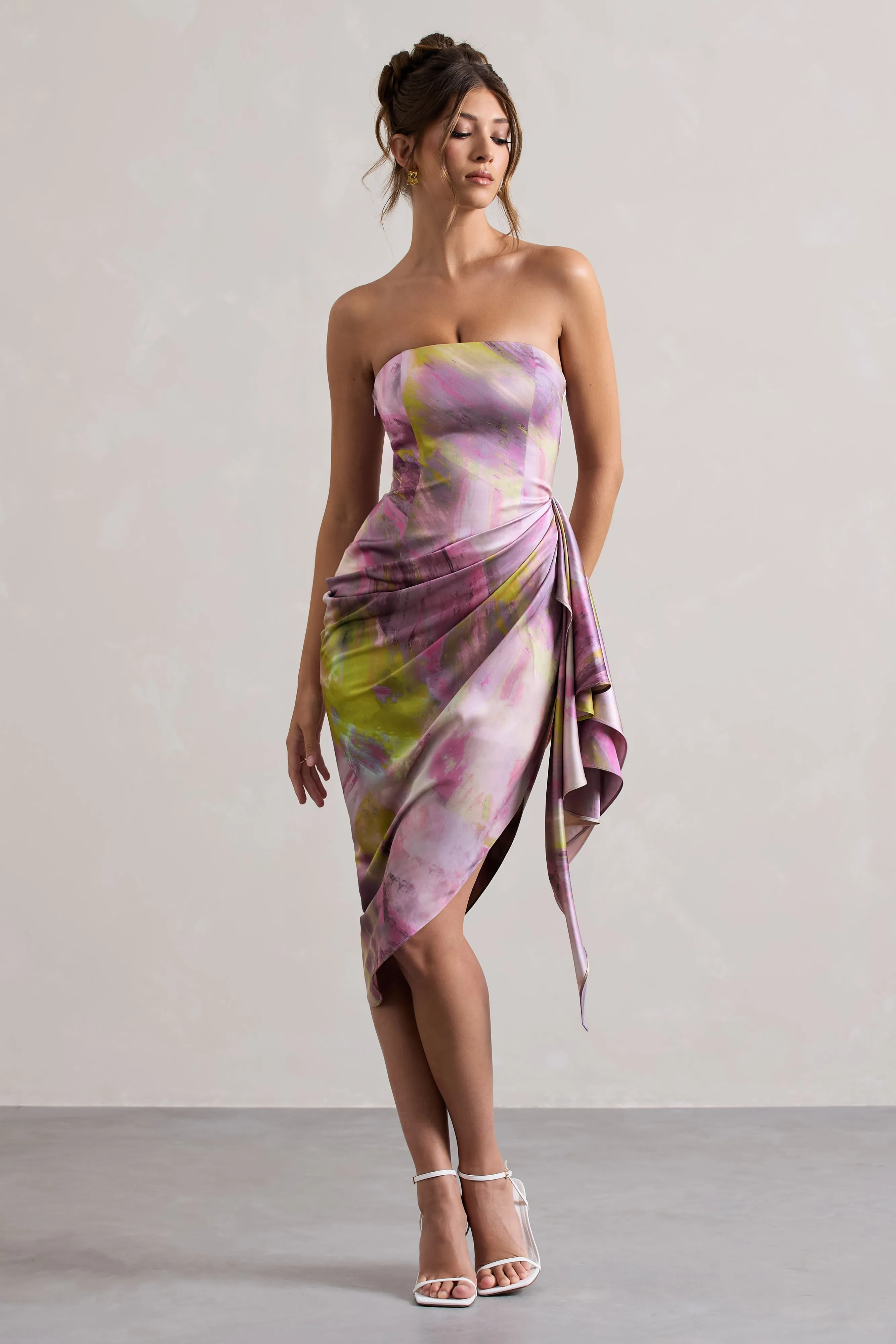 Axel | Lilac Print Satin Strapless Wrap Midi Dress