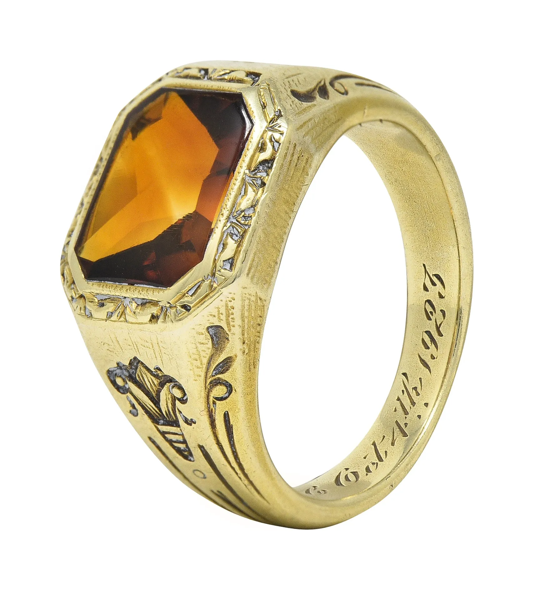 Axel Bros Art Deco Citrine 14 Karat Yellow Gold Lotus Antique Unisex Signet Ring