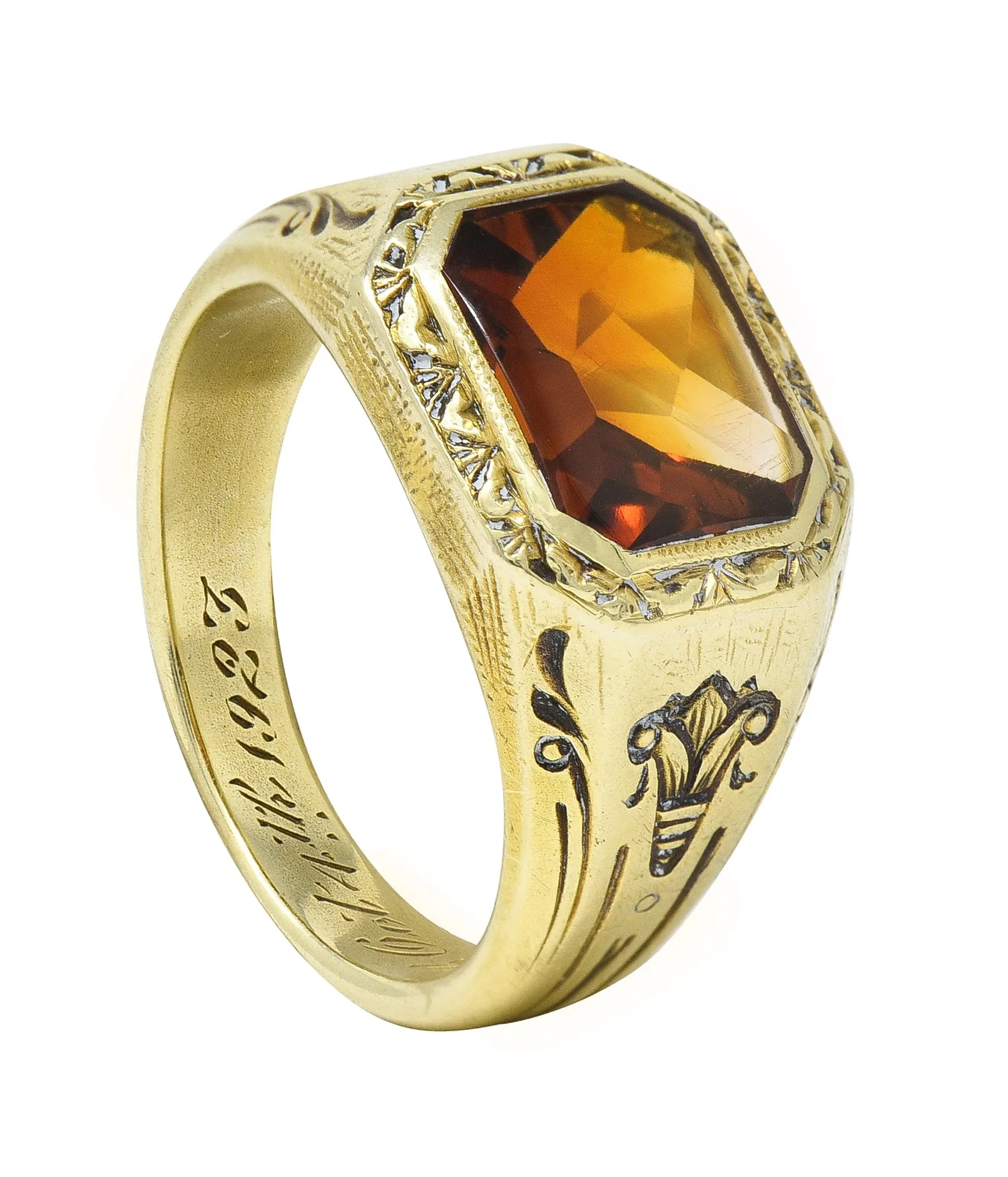 Axel Bros Art Deco Citrine 14 Karat Yellow Gold Lotus Antique Unisex Signet Ring