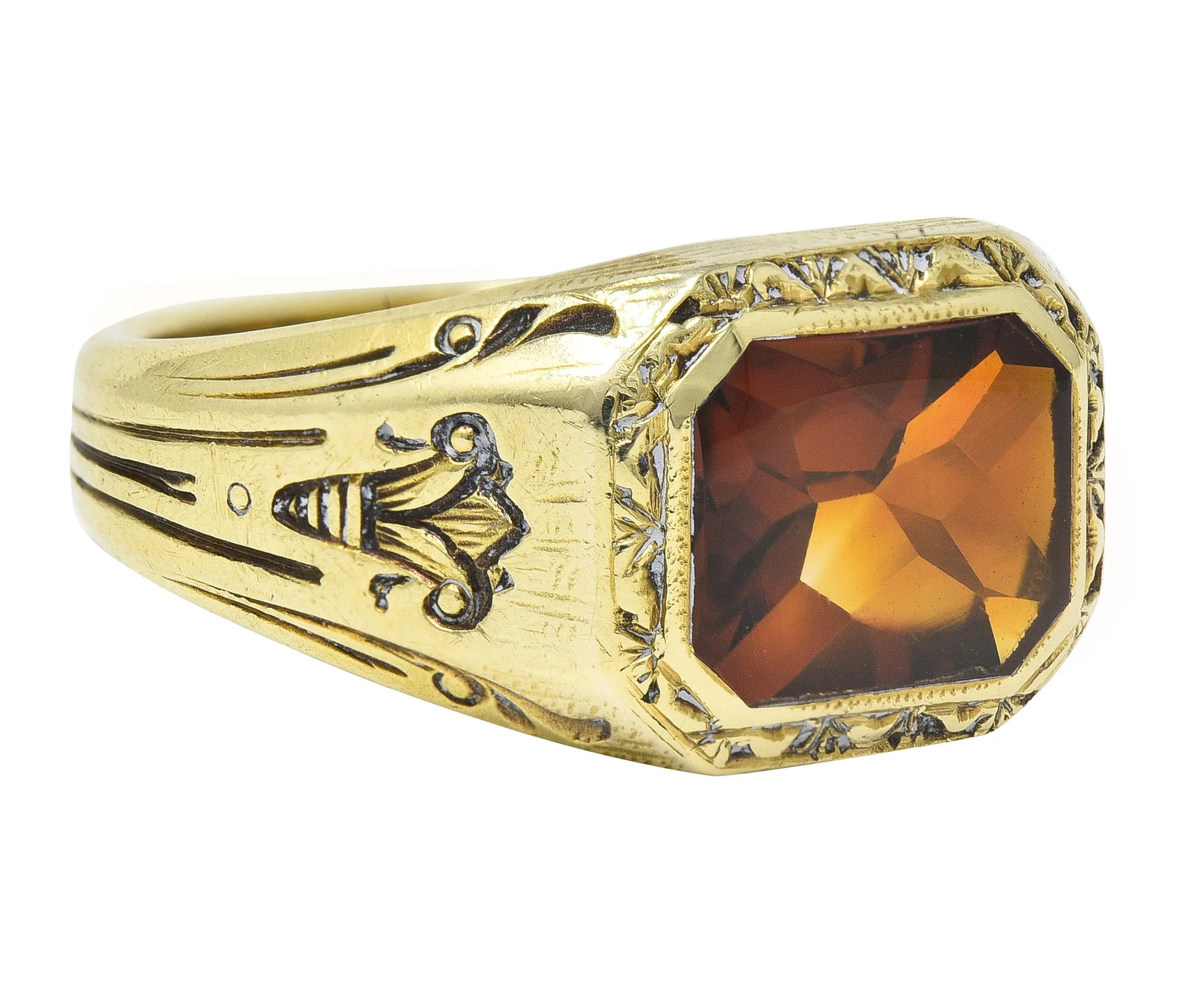 Axel Bros Art Deco Citrine 14 Karat Yellow Gold Lotus Antique Unisex Signet Ring