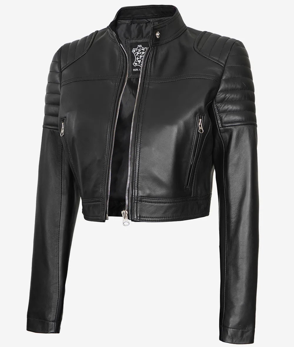 Black Cropped Leather Cafe Racer Jacket for Women