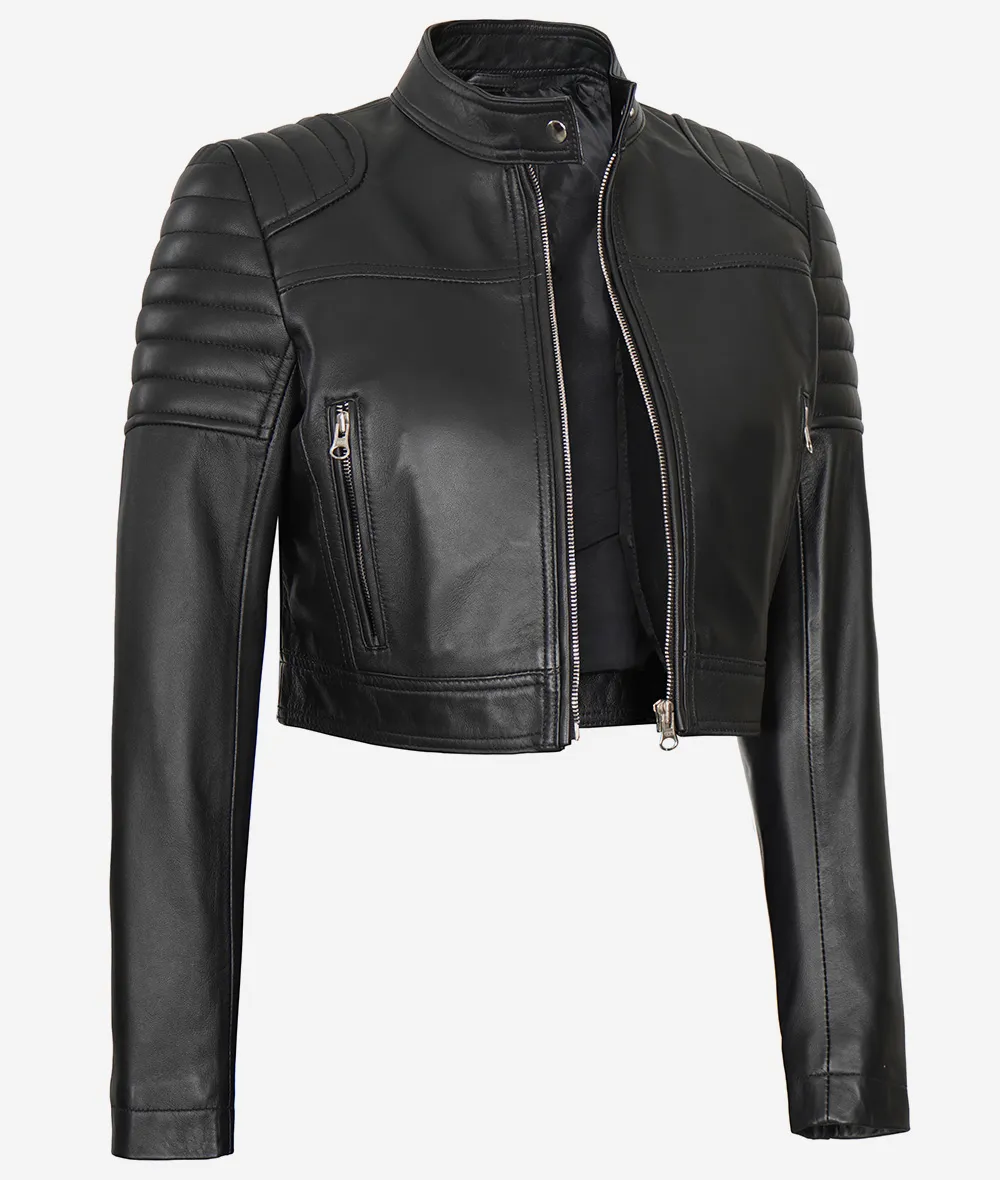 Black Cropped Leather Cafe Racer Jacket for Women