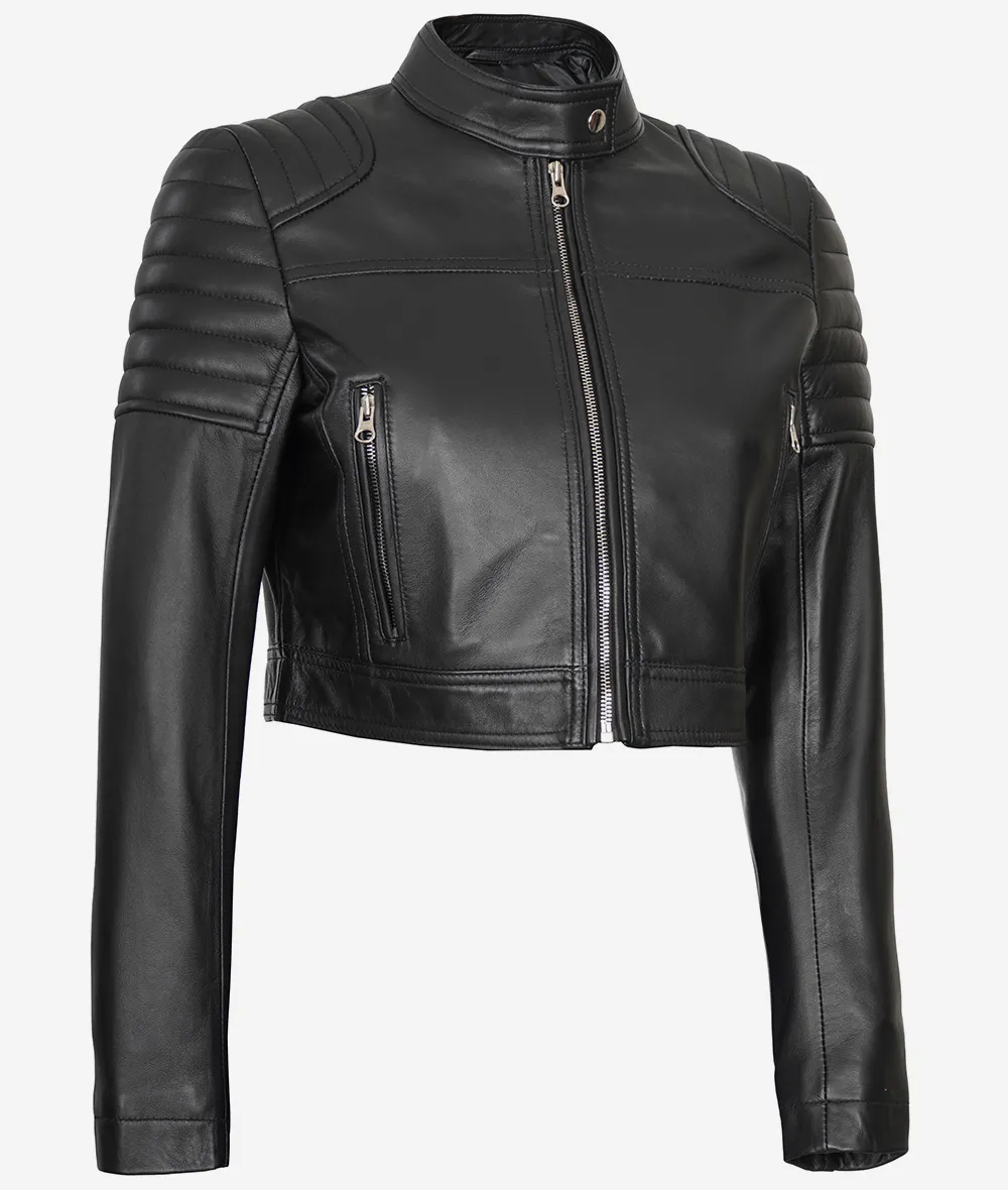 Black Cropped Leather Cafe Racer Jacket for Women