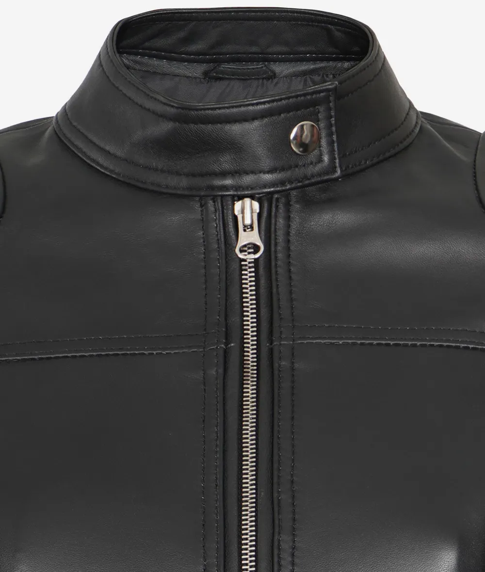 Black Cropped Leather Cafe Racer Jacket for Women