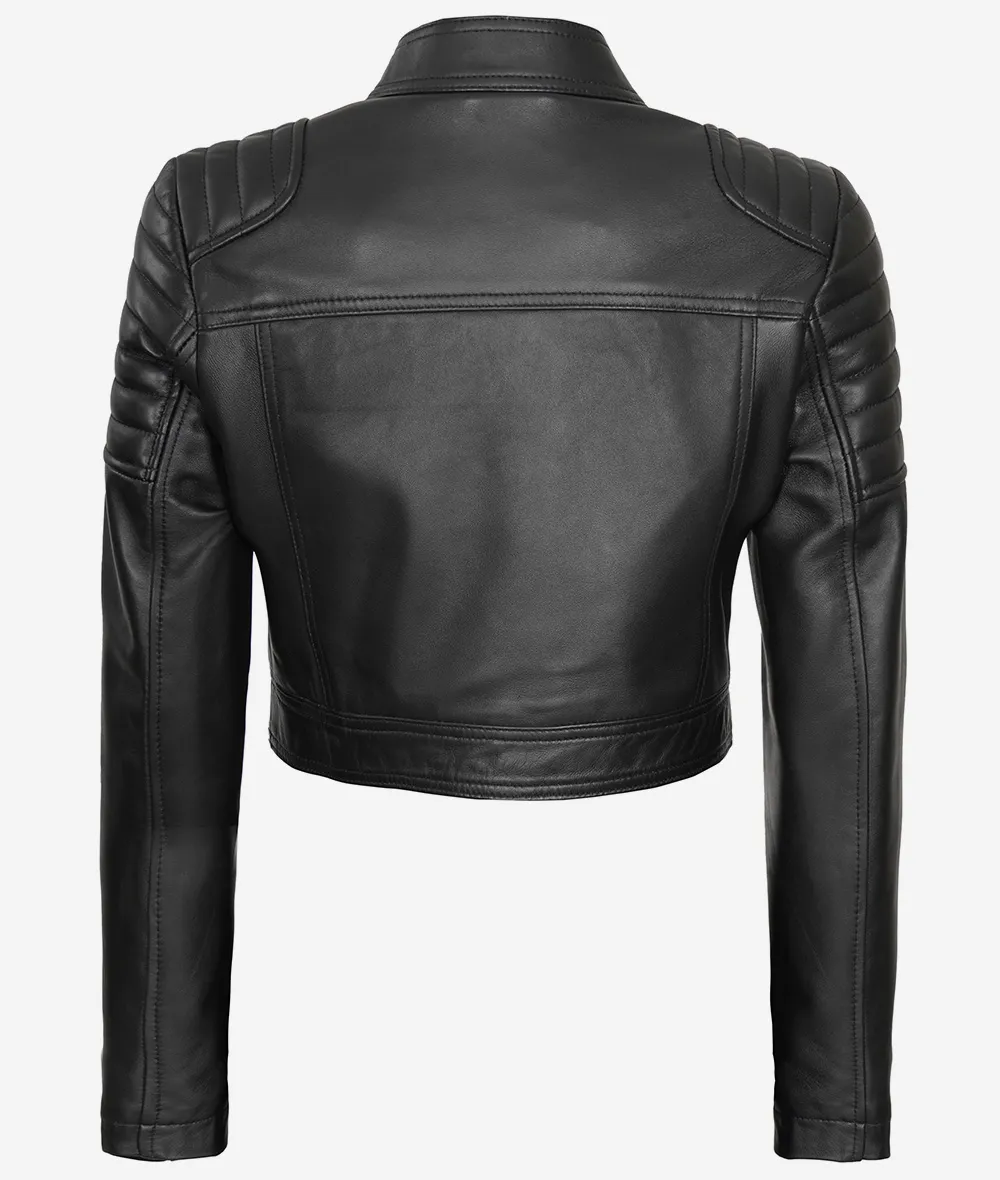 Black Cropped Leather Cafe Racer Jacket for Women