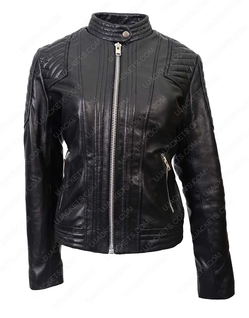 Black Quilted Leather Moto Jacket For Womens | Ujackets