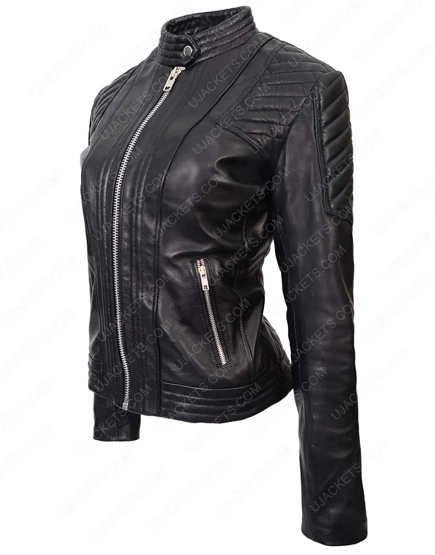 Black Quilted Leather Moto Jacket For Womens | Ujackets