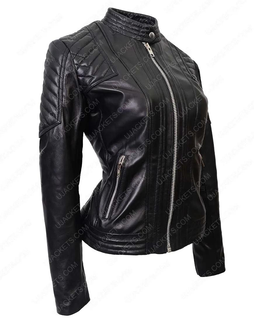 Black Quilted Leather Moto Jacket For Womens | Ujackets